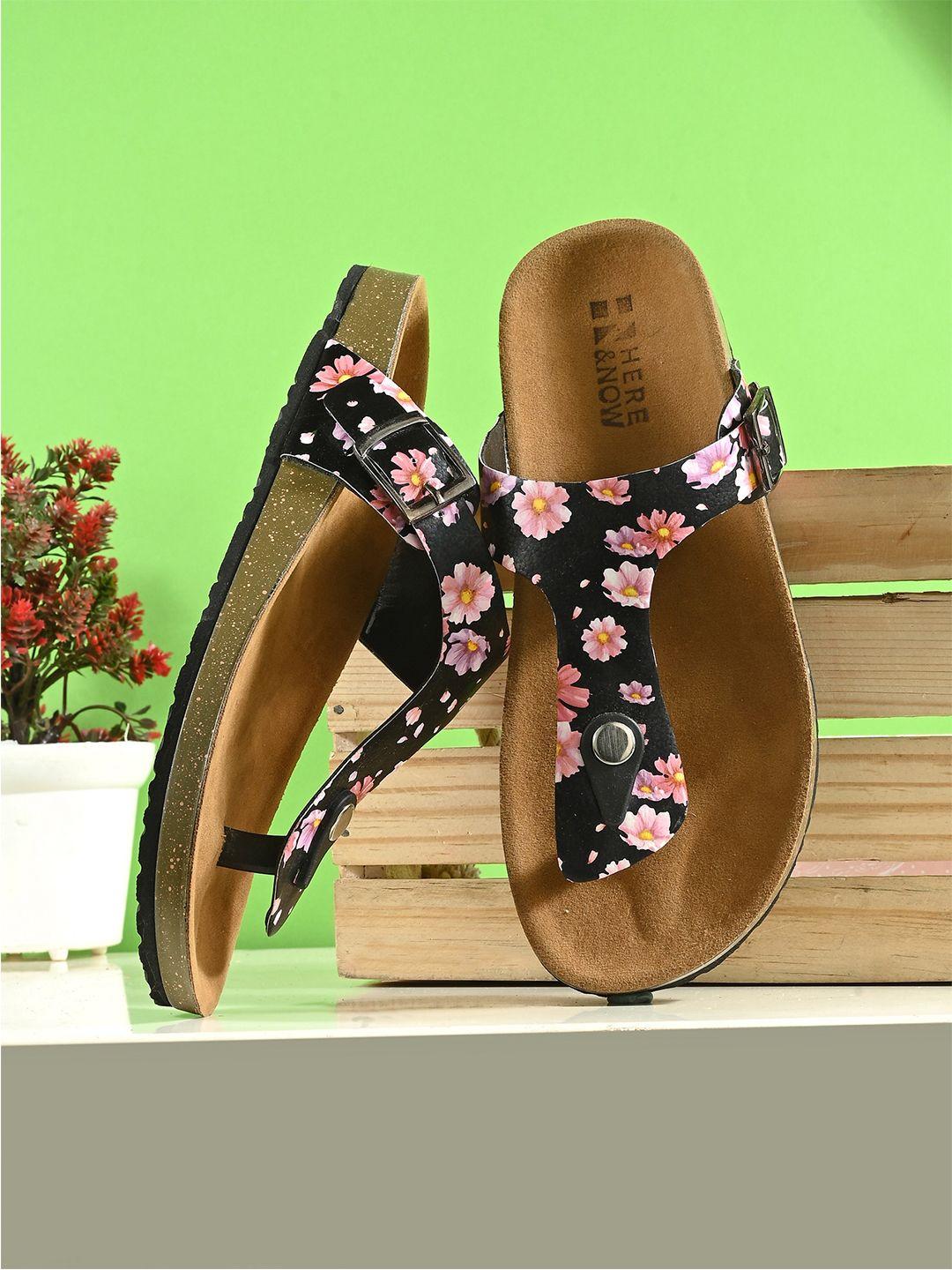 here&now black & pink printed cork finish comfort t-strap flats with buckle detail