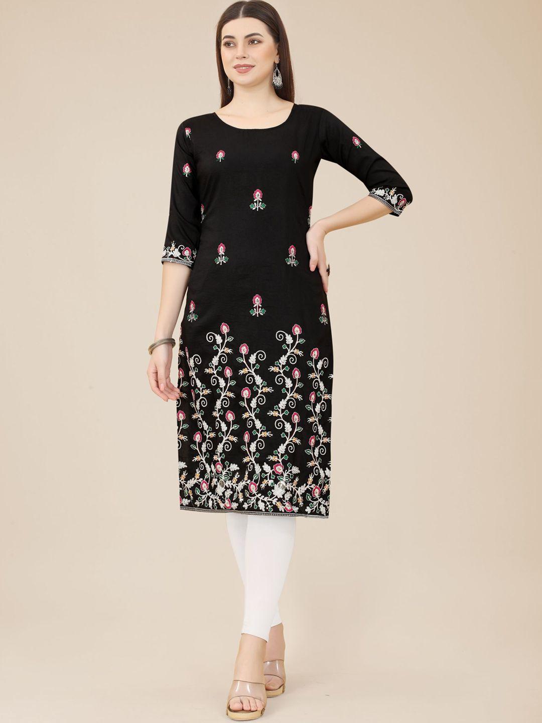 here&now black & red & white floral embroidered georgette kurta