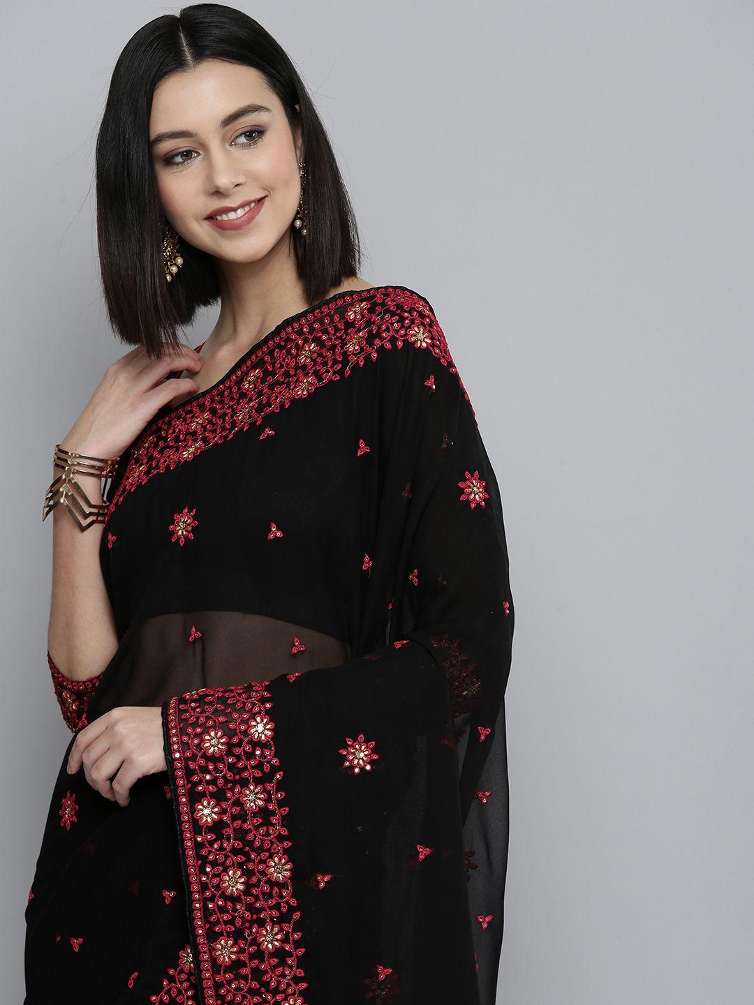 here&now black & red ethnic motifs sequinned pure georgette saree