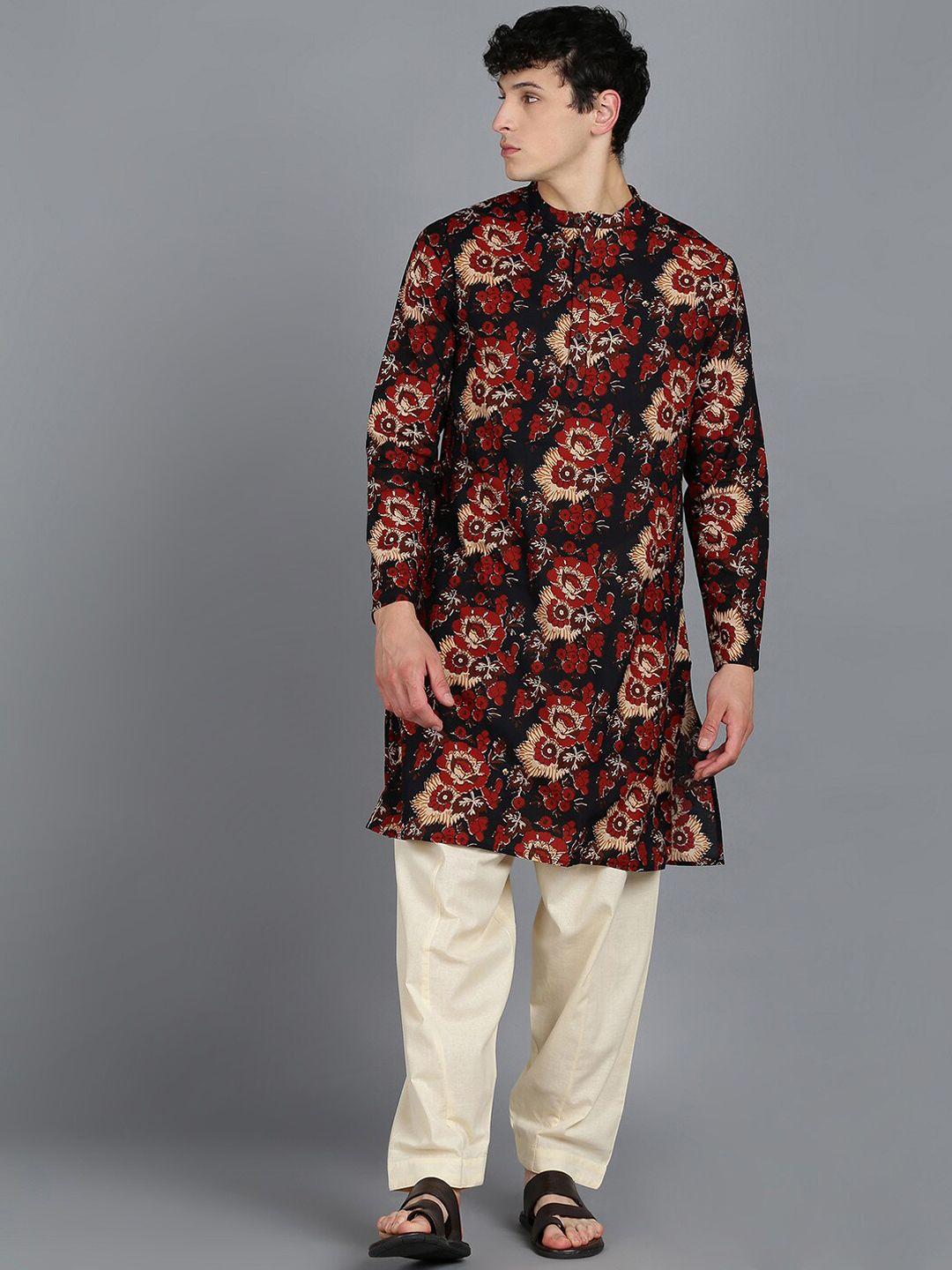 here&now black & red floral printed band collar pure cotton kurta with pyjamas