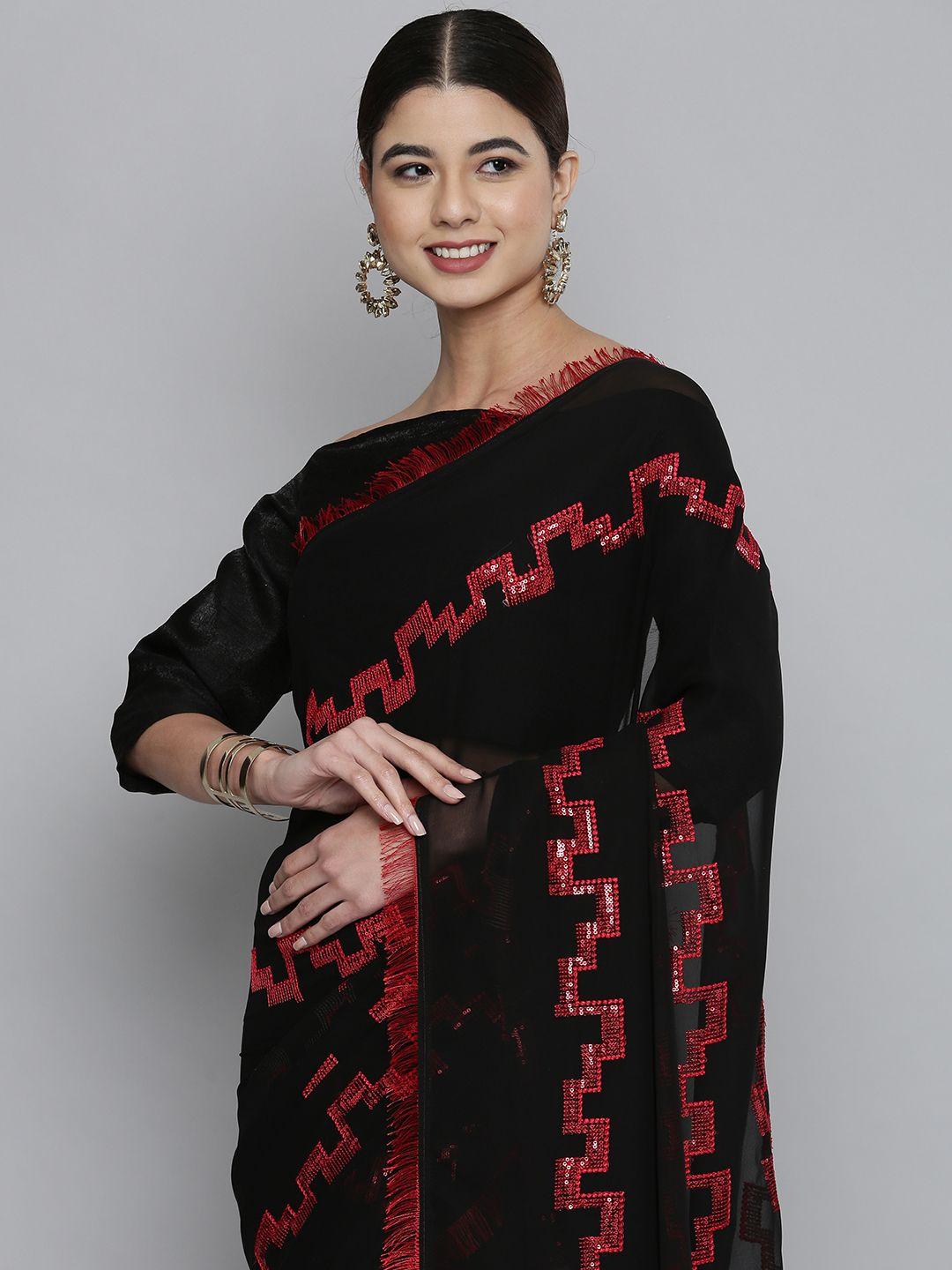 here&now black & red sequinned pure georgette saree