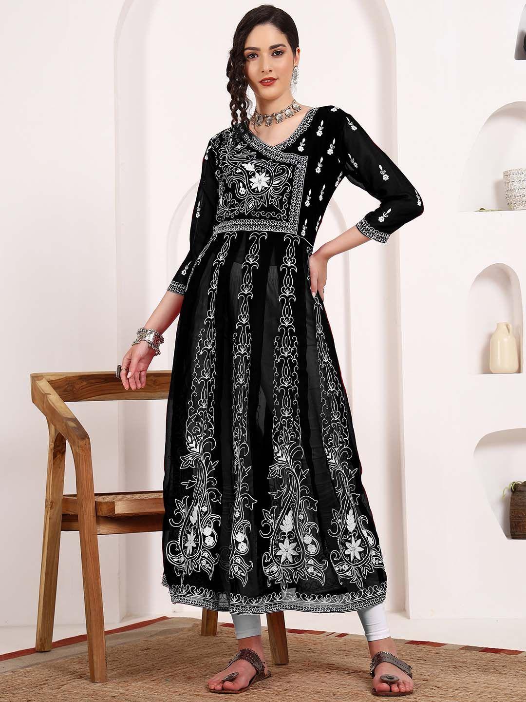 here&now black & white ethnic motifs embroidered chikankari georgette anarkali kurta