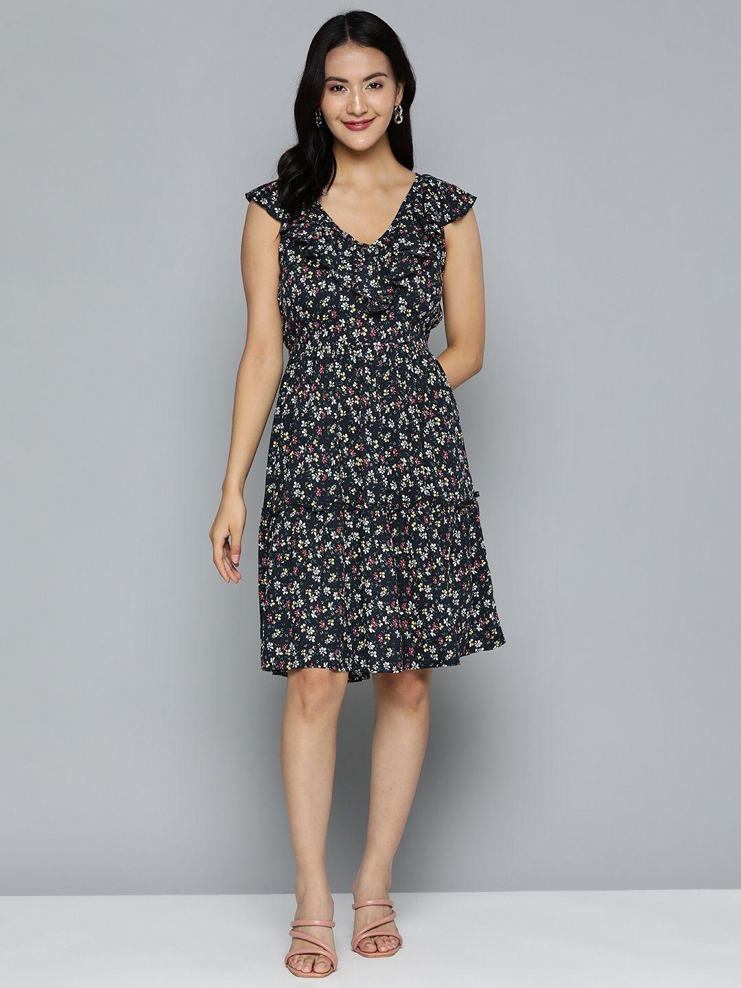 here&now black & white floral crepe a-line dress