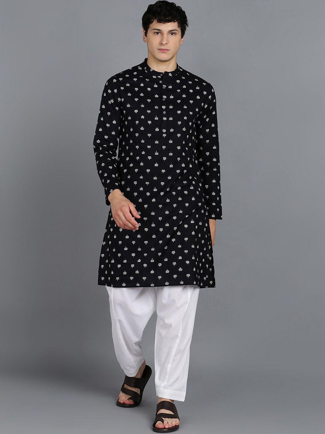 here&now black & white floral printed band collar pure cotton kurta with pyjamas