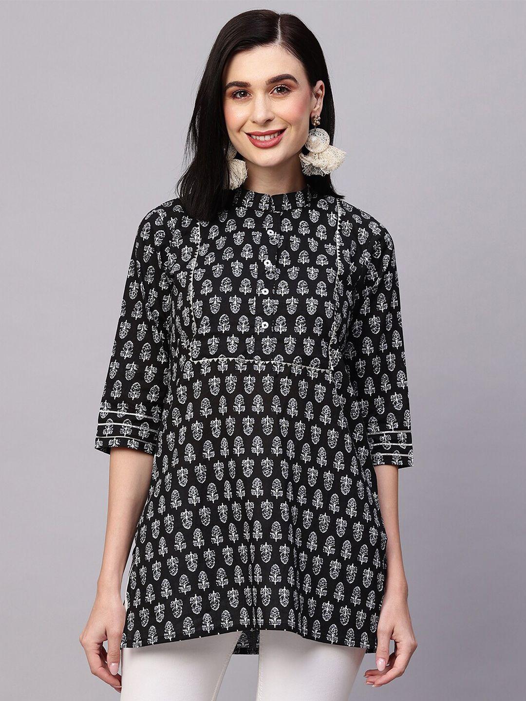 here&now black & white floral printed mandarin collar tunic