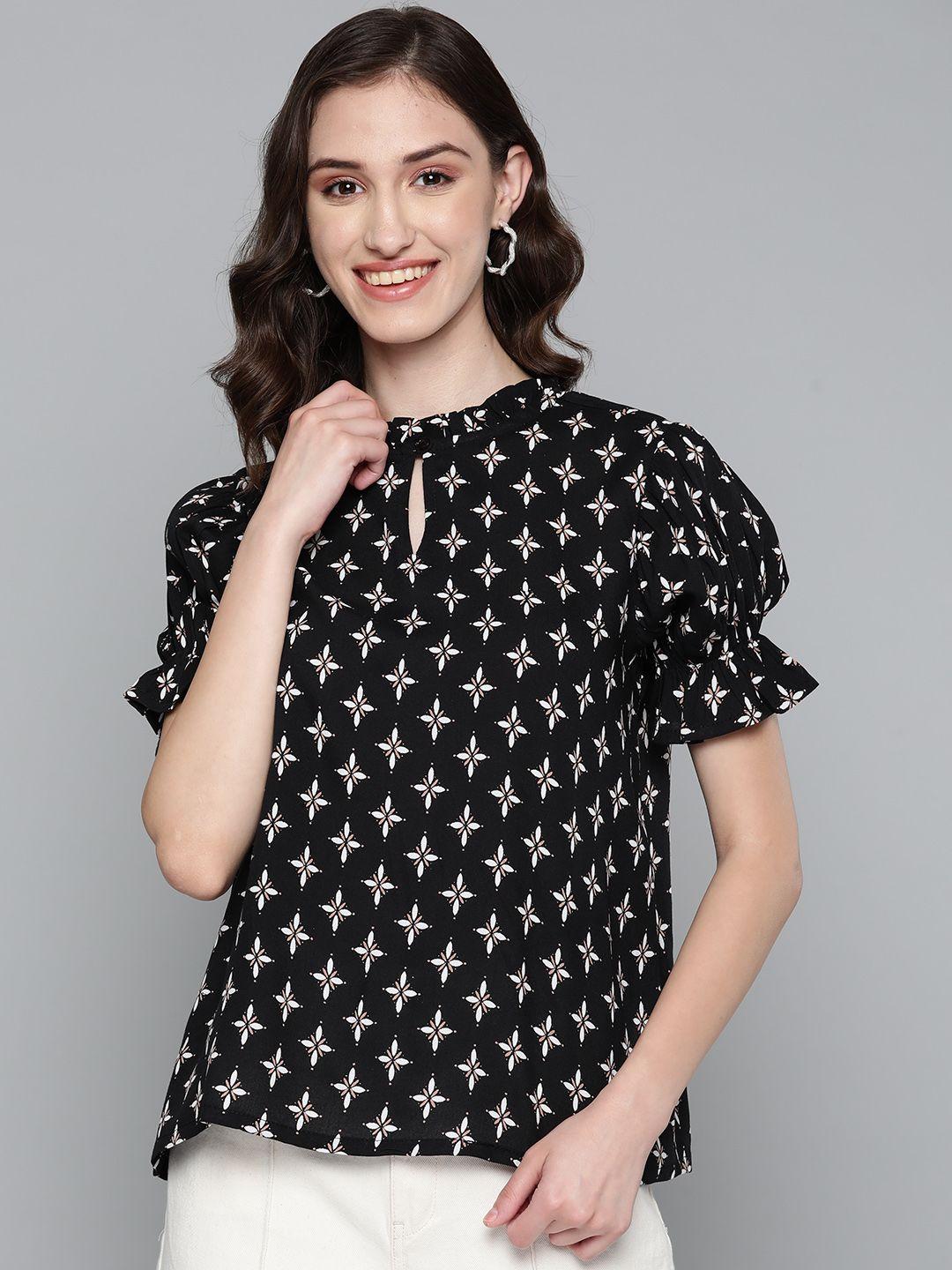 here&now black & white print mandarin collar top