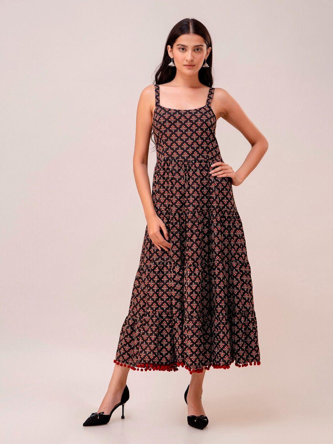here&now black bagru printed tiered fit & flare cotton midi ethnic dress