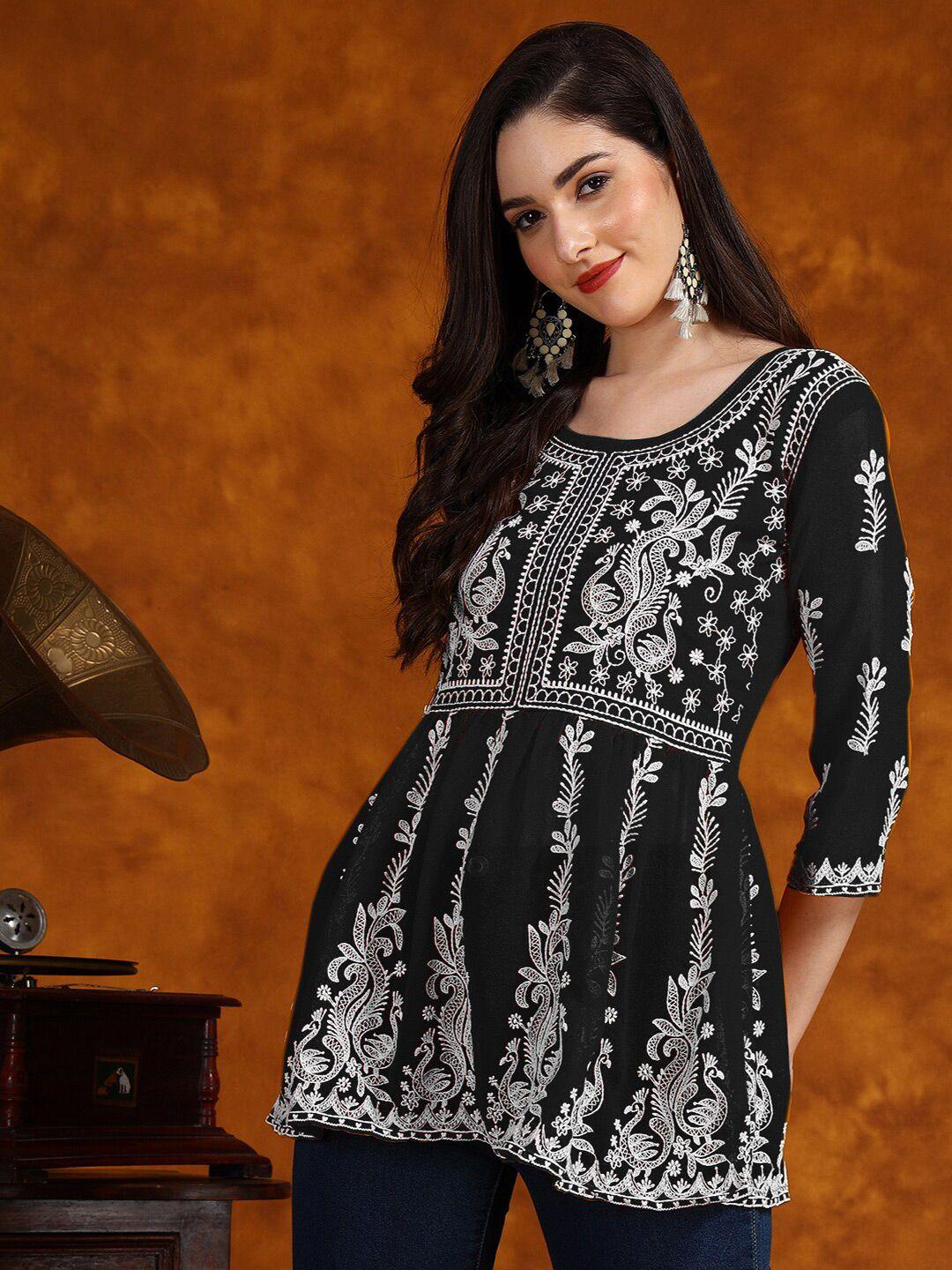 here&now black ethnic motif chikankari embroidered bell sleeves a-line kurti