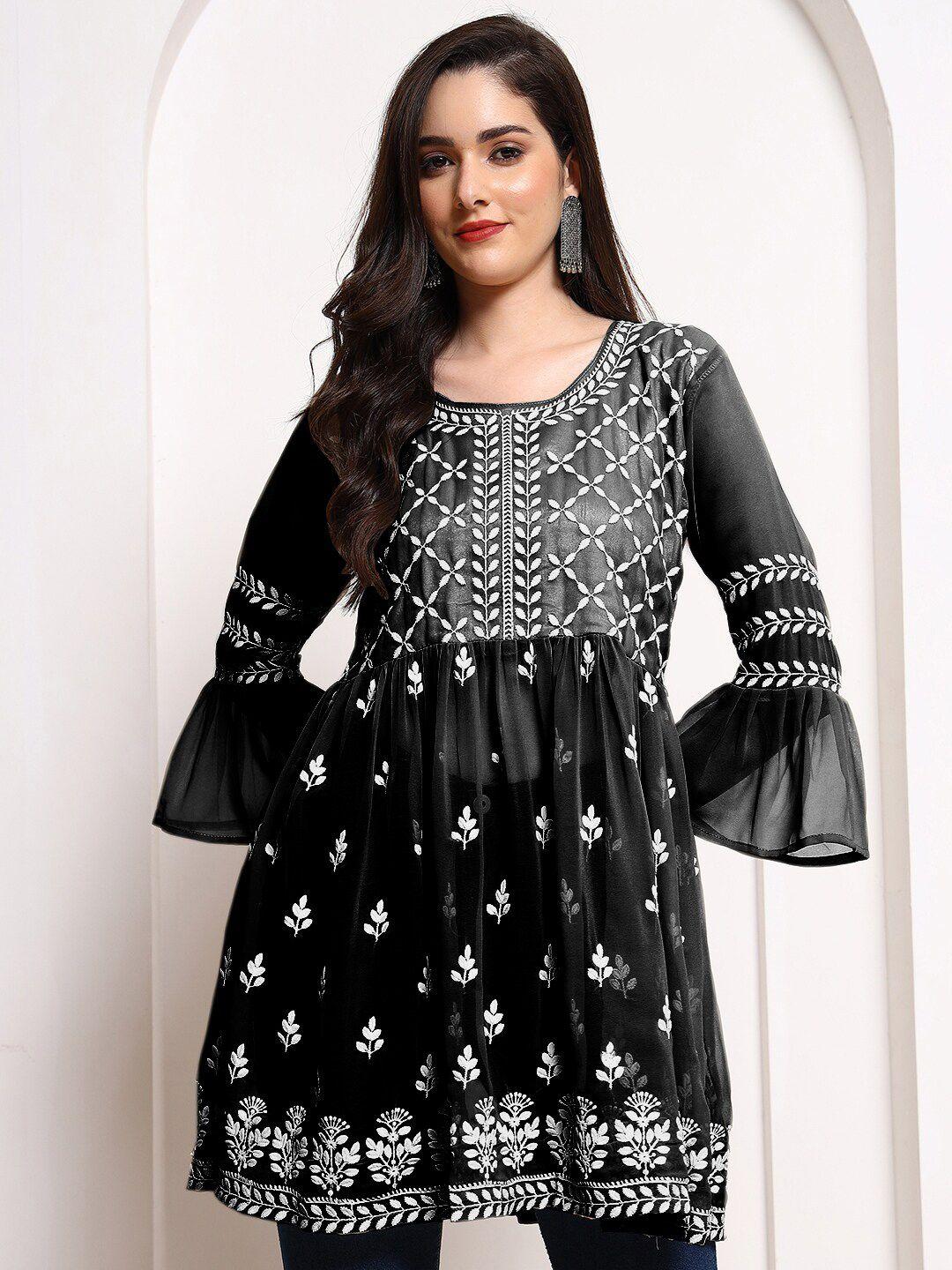 here&now black ethnic motif embroidered bell sleeves a-line kurti