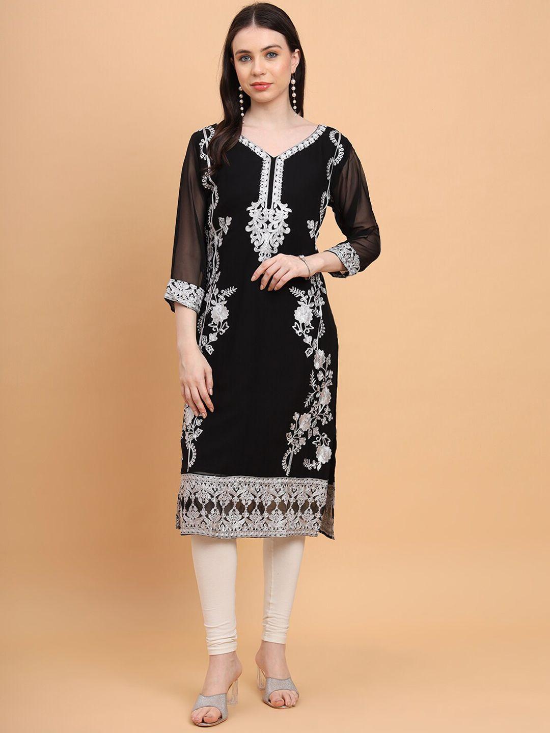 here&now black ethnic motifs embroidered georgette kurta