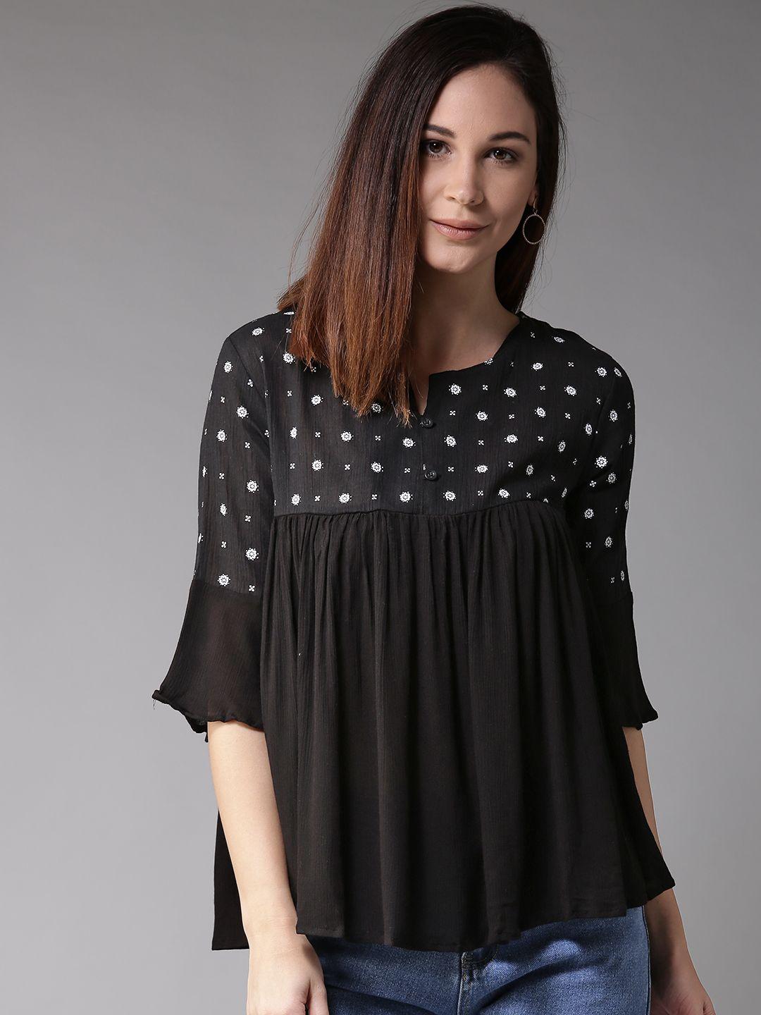 here&now black ethnic motifs pleated empire top with bell sleeves