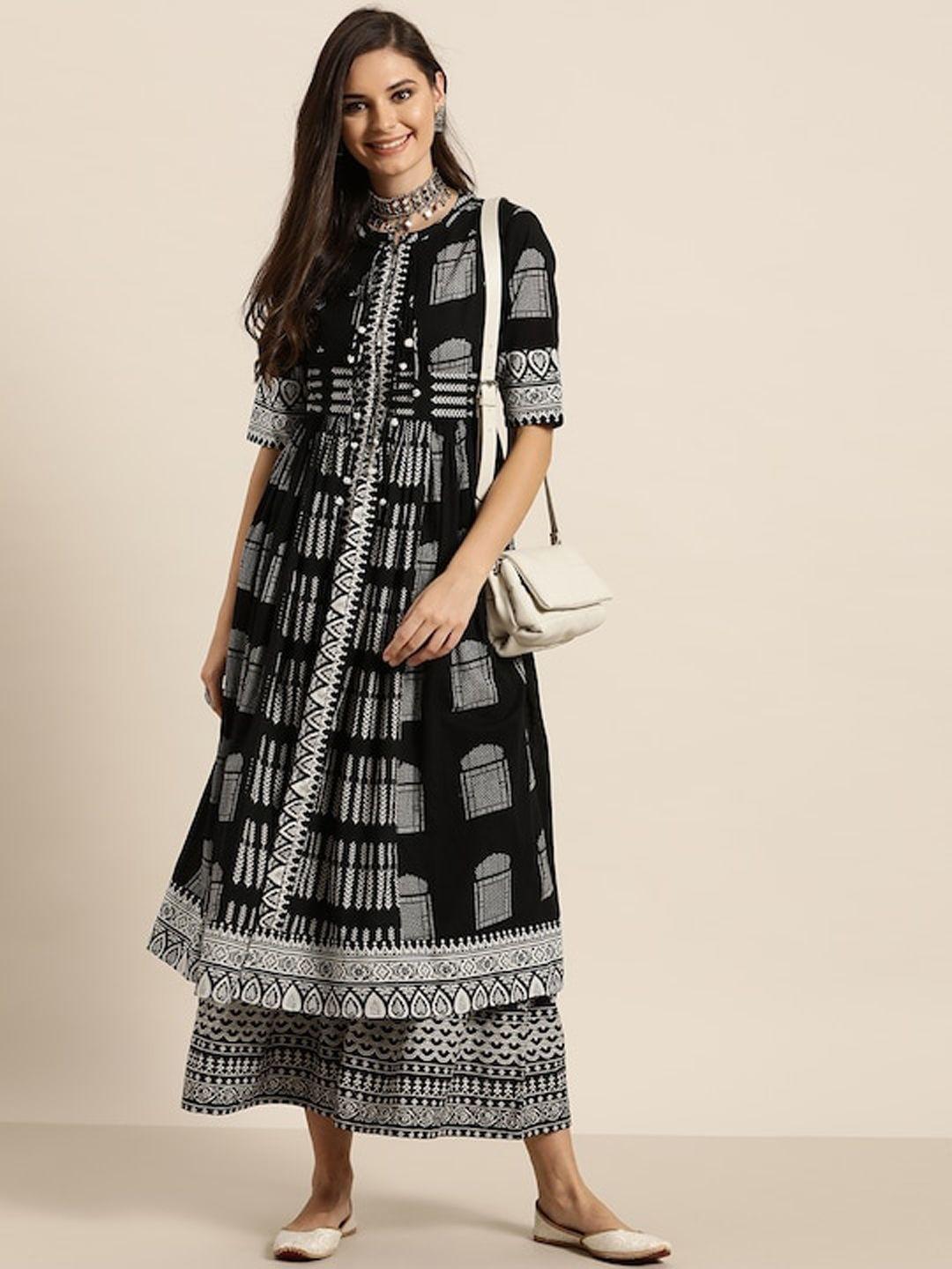 here&now black ethnic motifs printed pure cotton kurta with palazzos