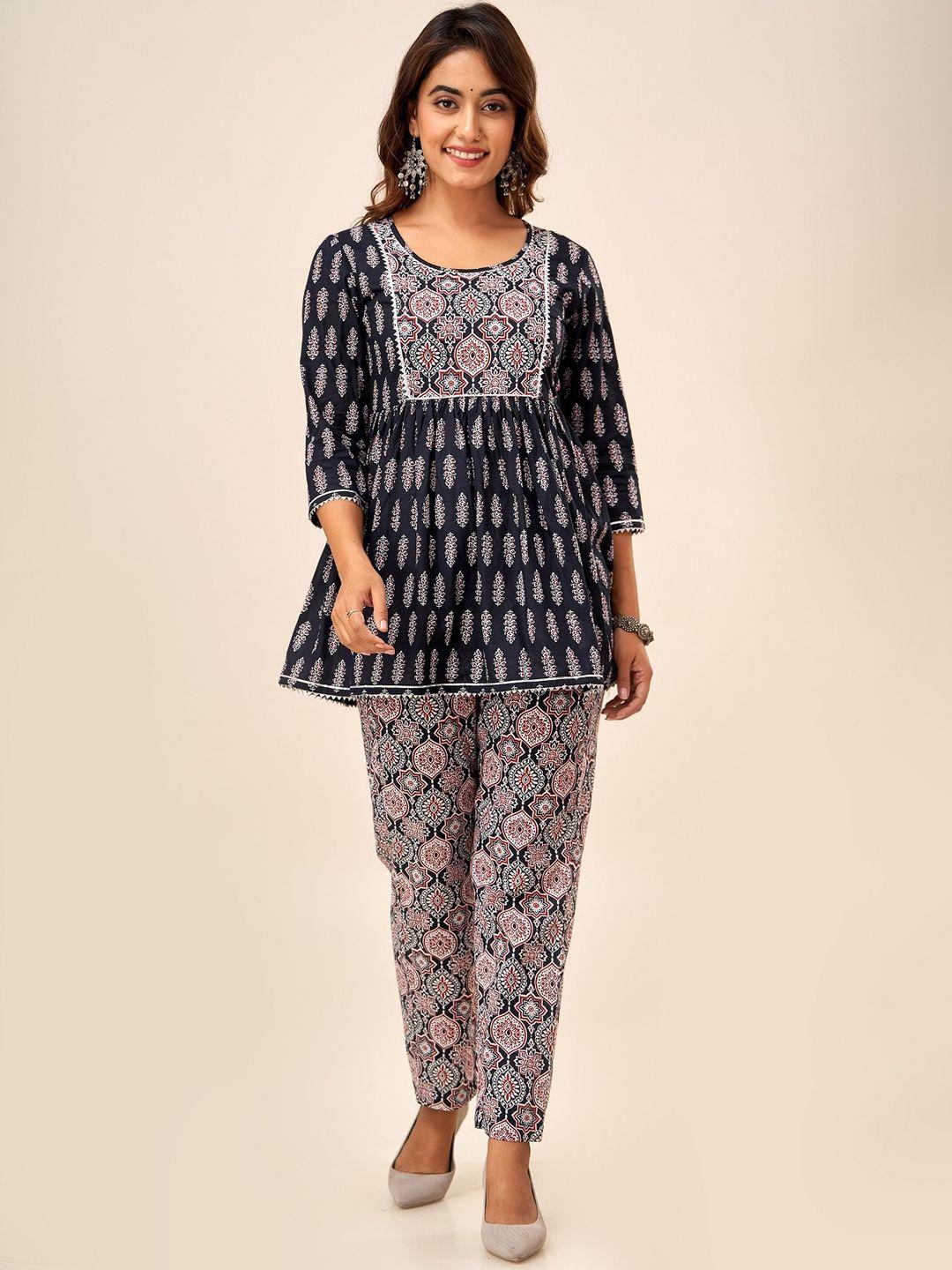 here&now black ethnic motifs printed pure cotton pleated a-line kurti with trousers