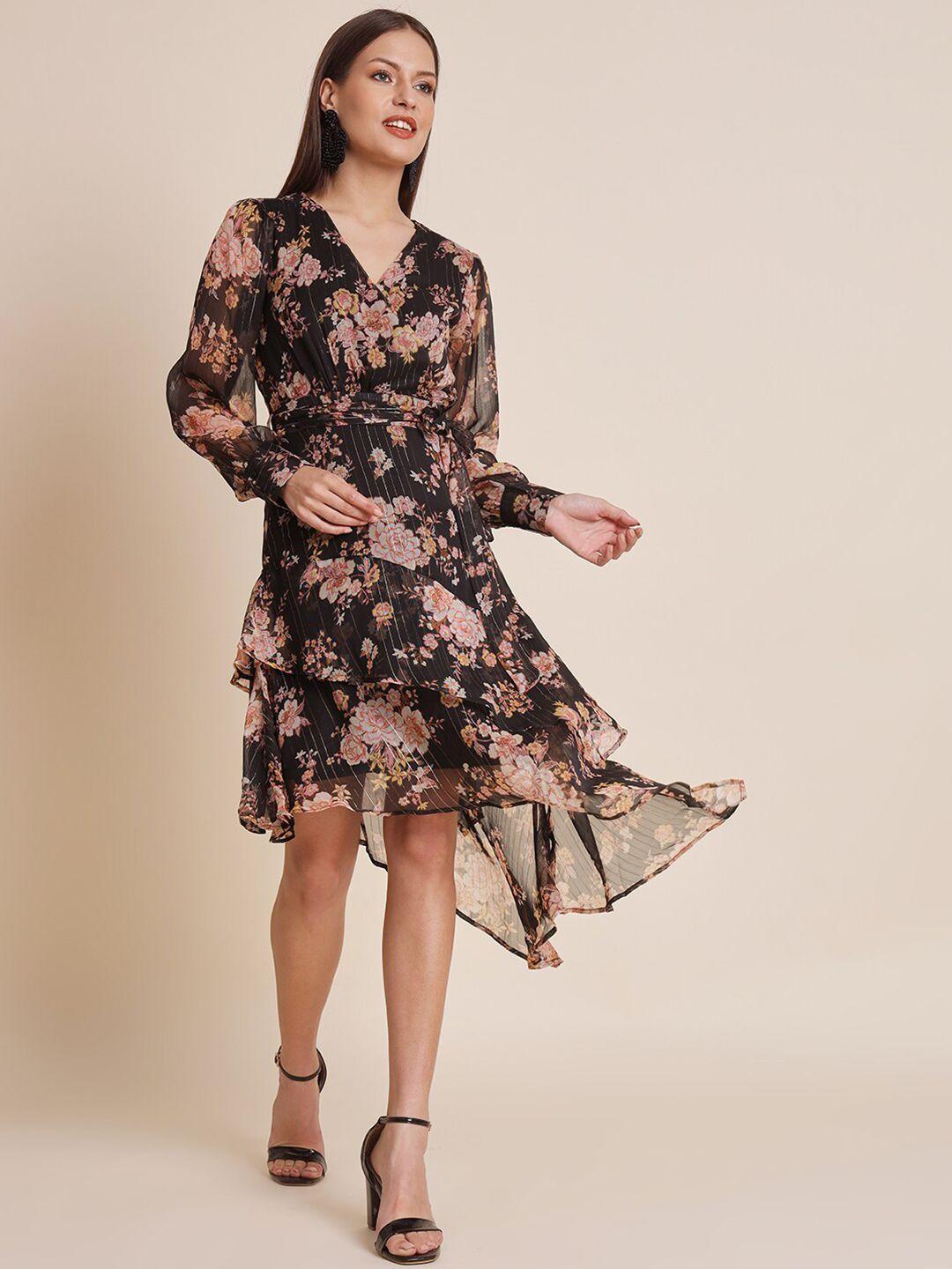 here&now black floral print puff sleeve chiffon a-line midi dress