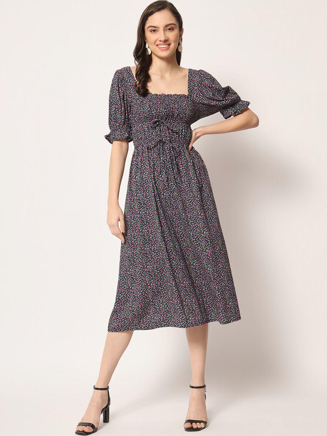 here&now black floral print puff sleeve fit & flare midi dress