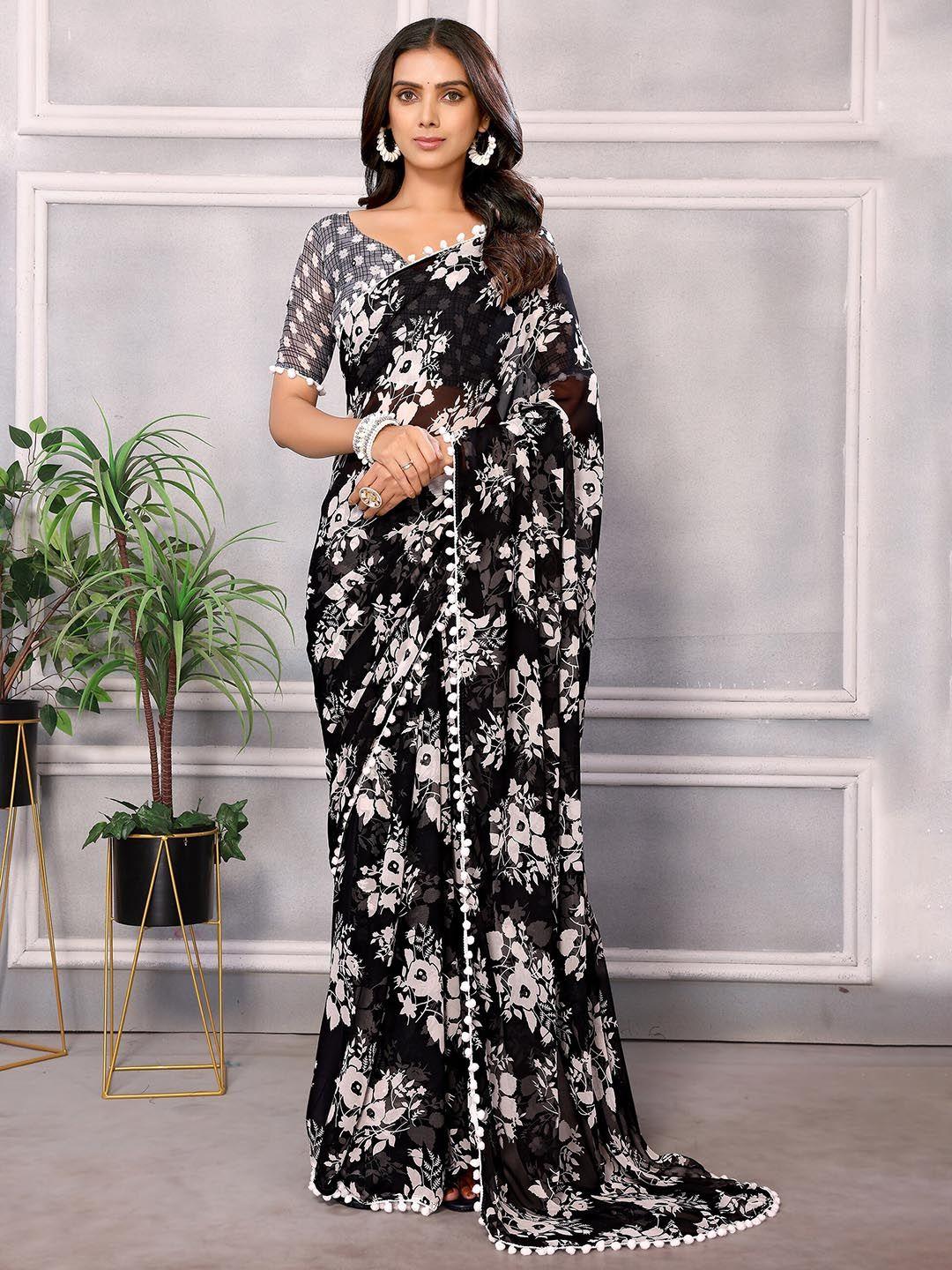 here&now black floral pure chiffon designer saree