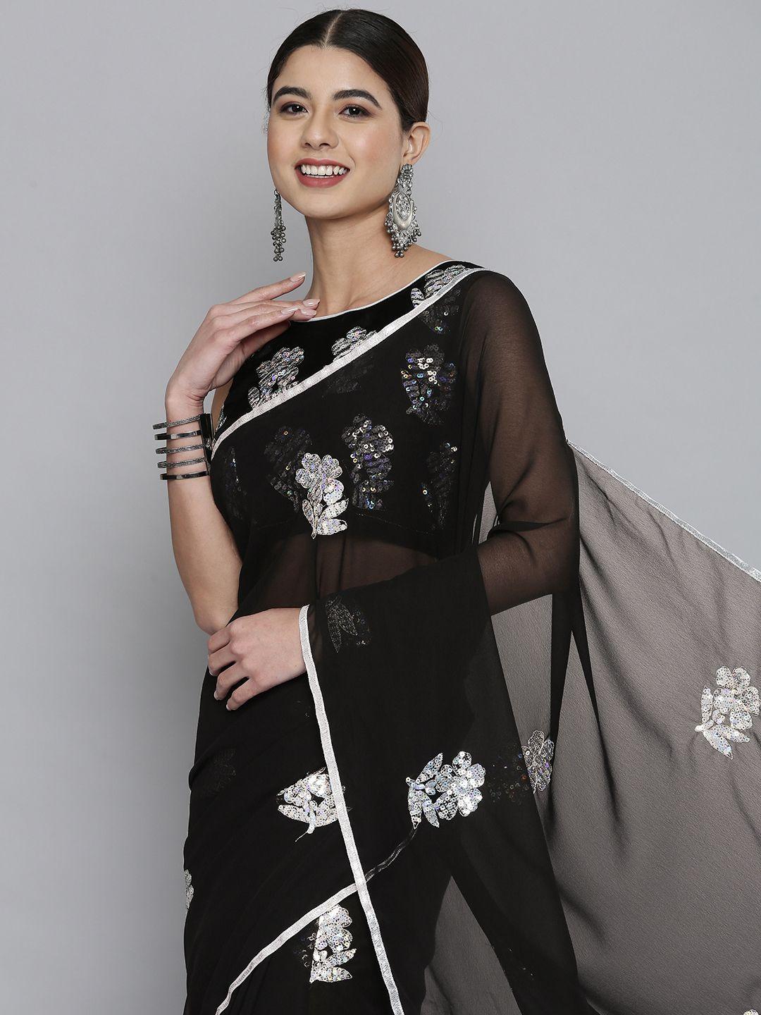 here&now black floral sequinned pure georgette saree