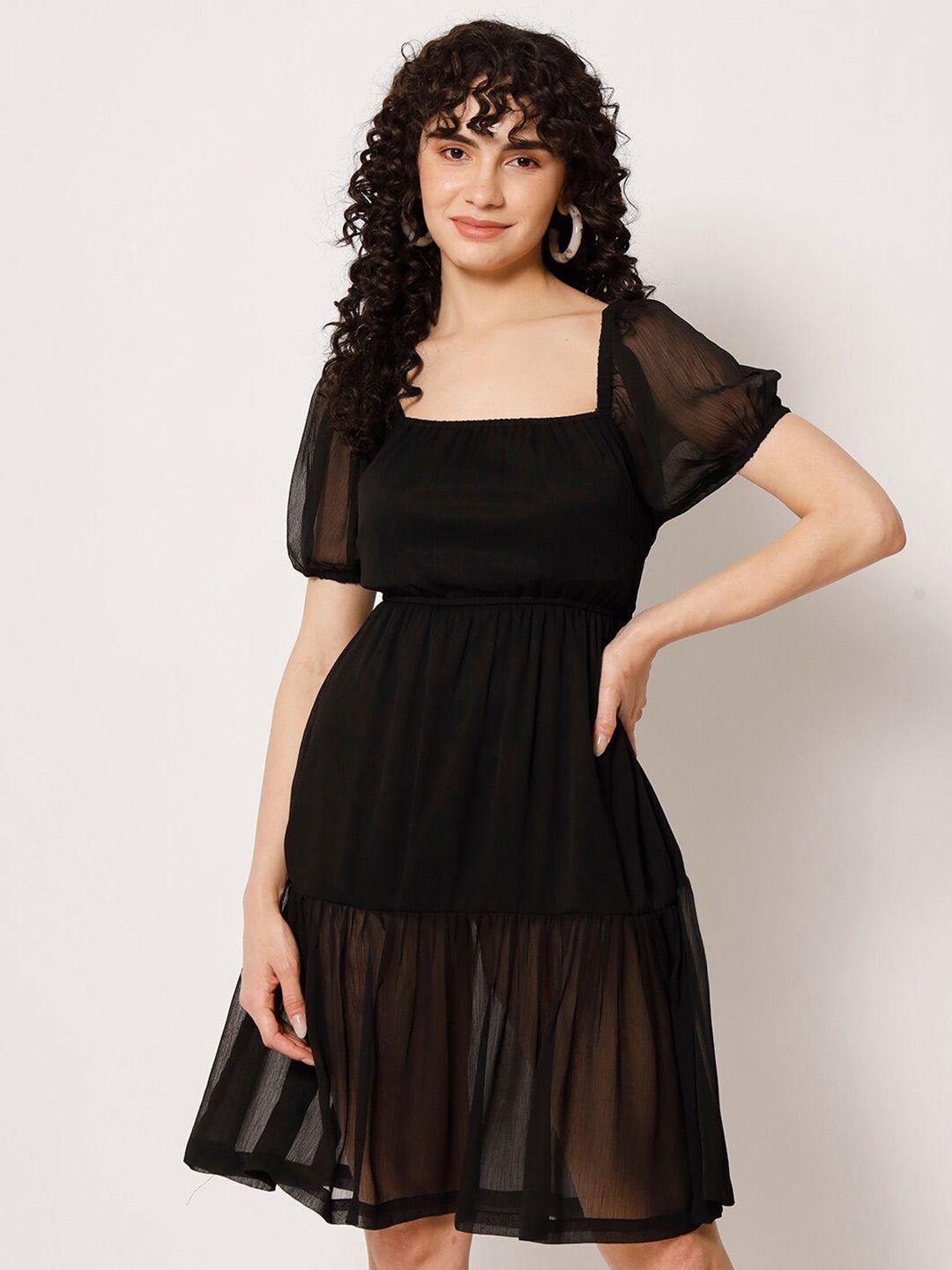 here&now black georgette fit & flare dress