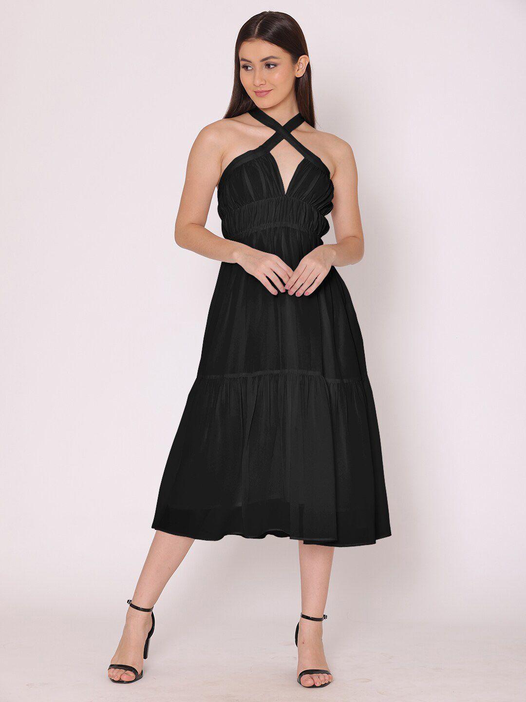 here&now black halter neck georgette midi dress