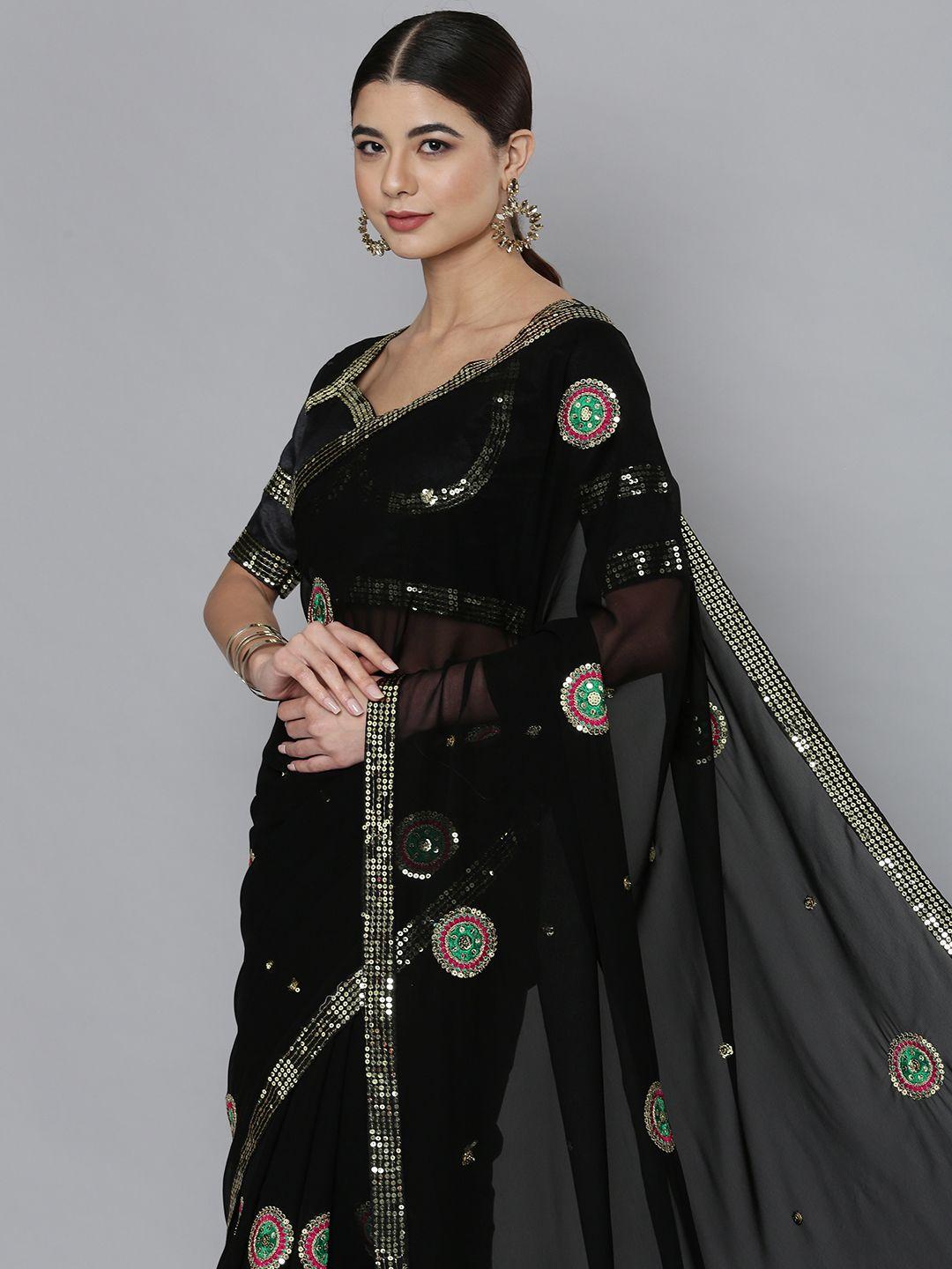 here&now black sequinned pure georgette saree