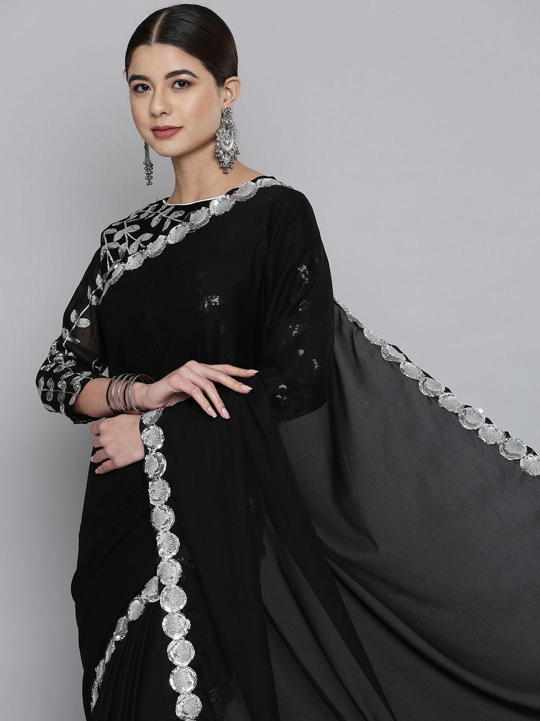 here&now black sequinned pure georgette saree