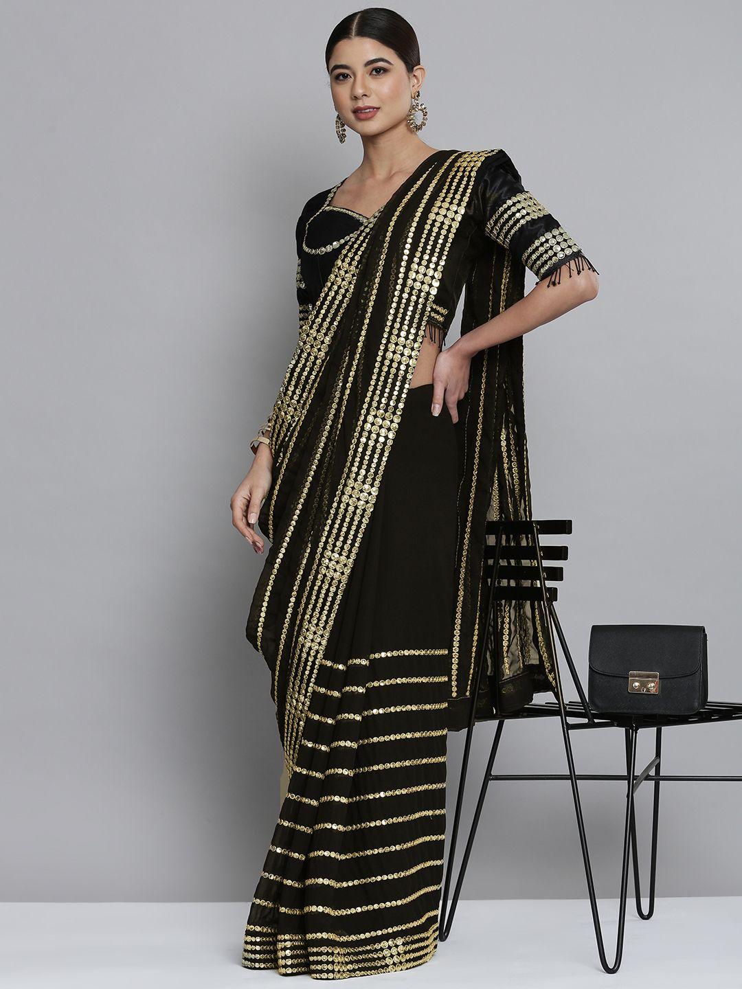 here&now black striped sequinned pure georgette saree