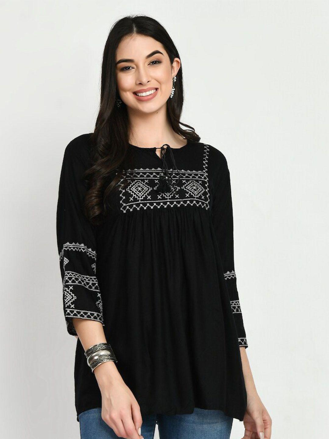 here&now black tie up neck ethnic motifs embroidered kurti
