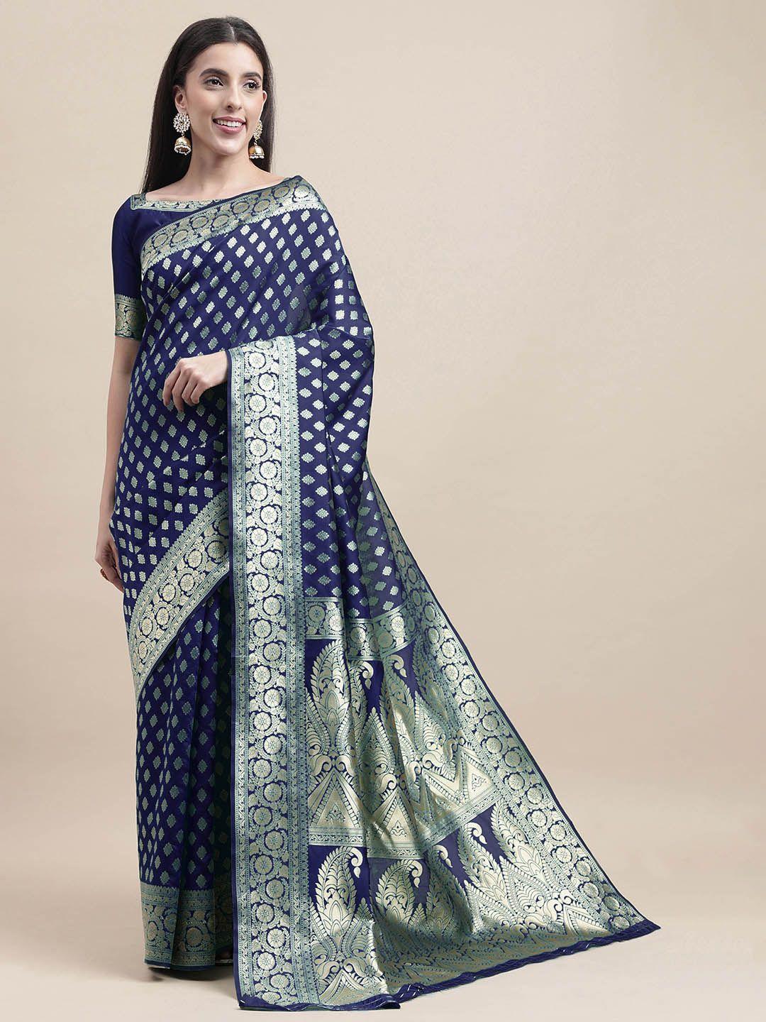 here&now blue & gold-toned woven design zari silk blend banarasi saree