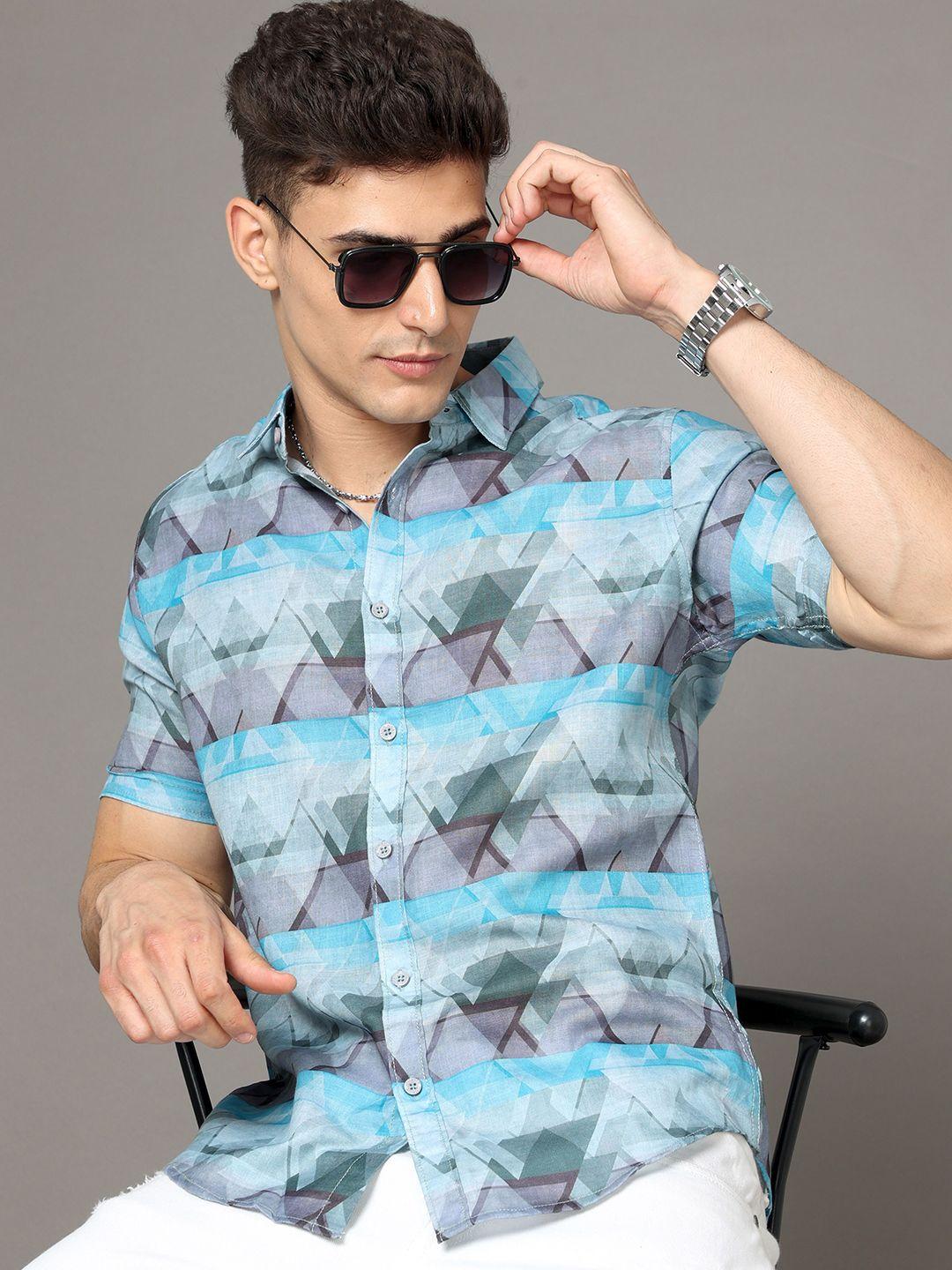 here&now blue & grey colour geometric printed spread collar slim fit casual shirt