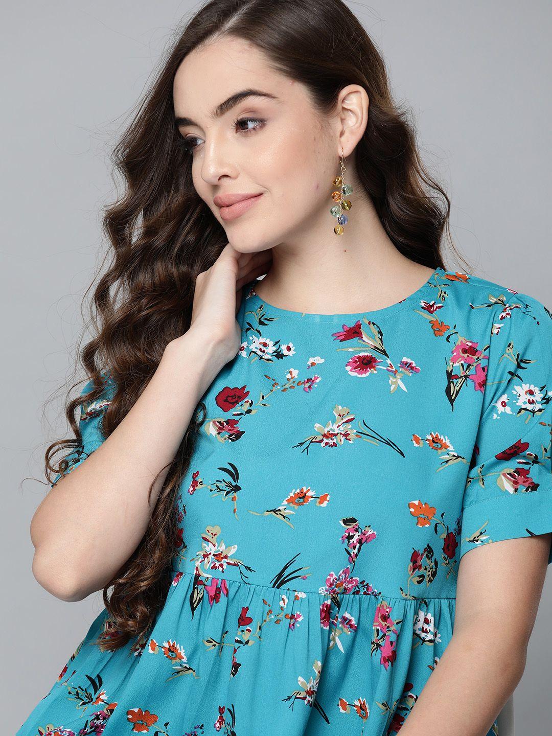 here&now blue & pink floral printed a-line top