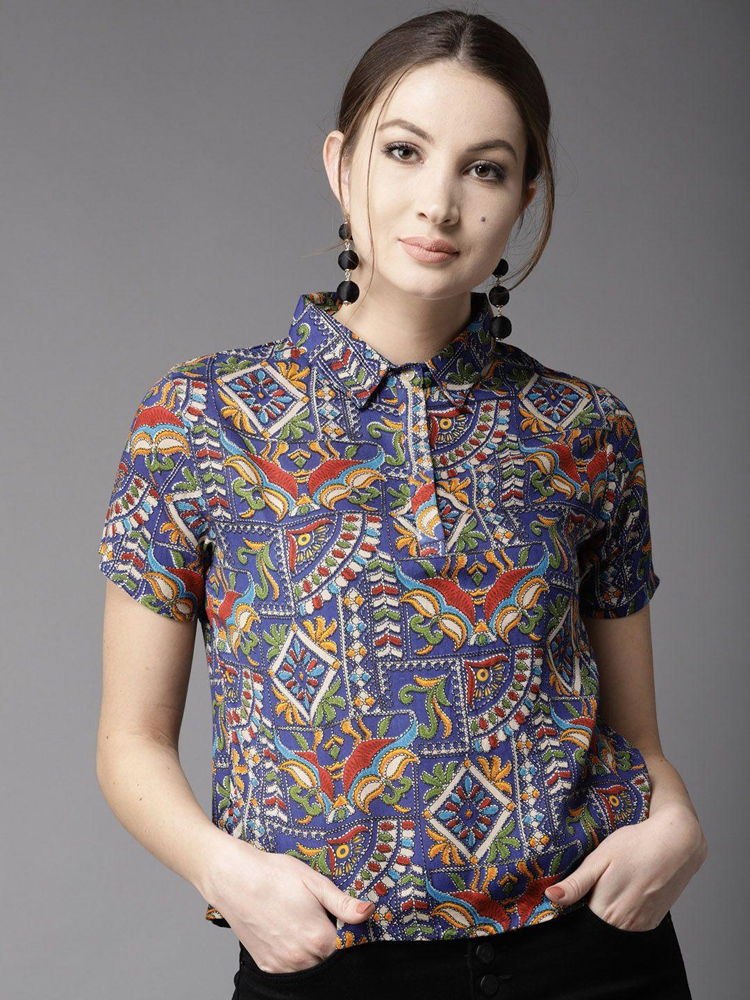 here&now blue & red ethnic motifs shirt style top