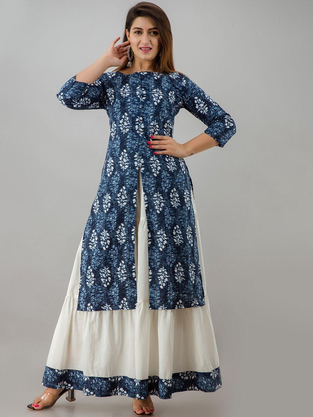 here&now blue & white boat neck floral printed kurta with skirt