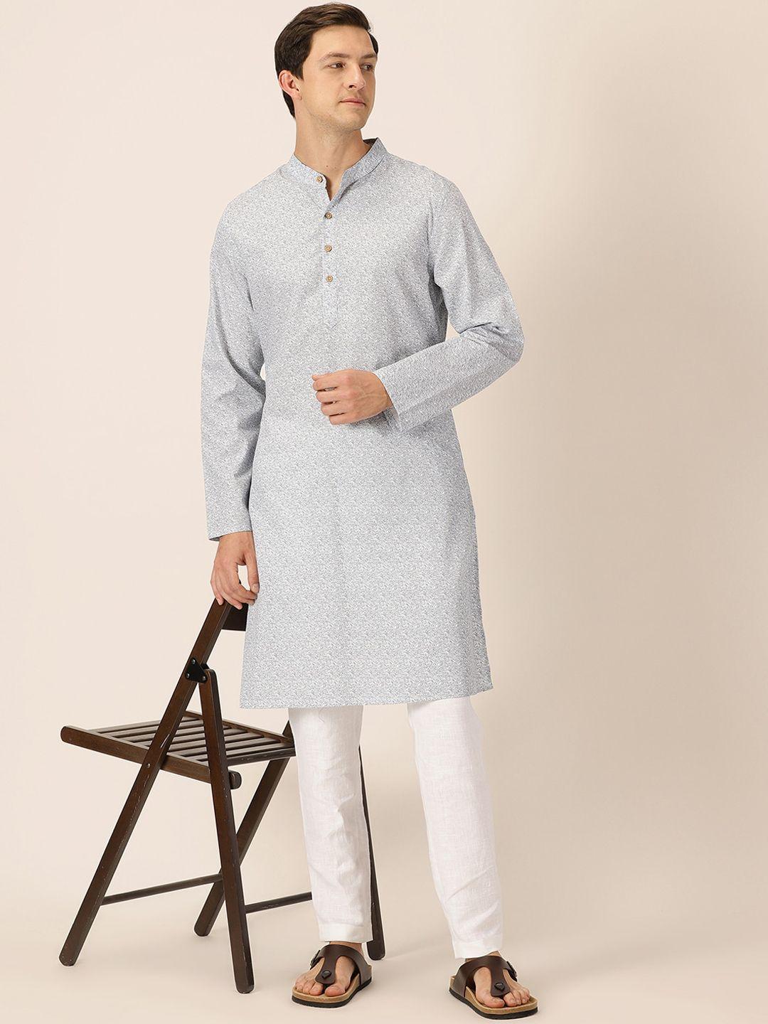 here&now blue & white floral printed band collar pure cotton straight kurta