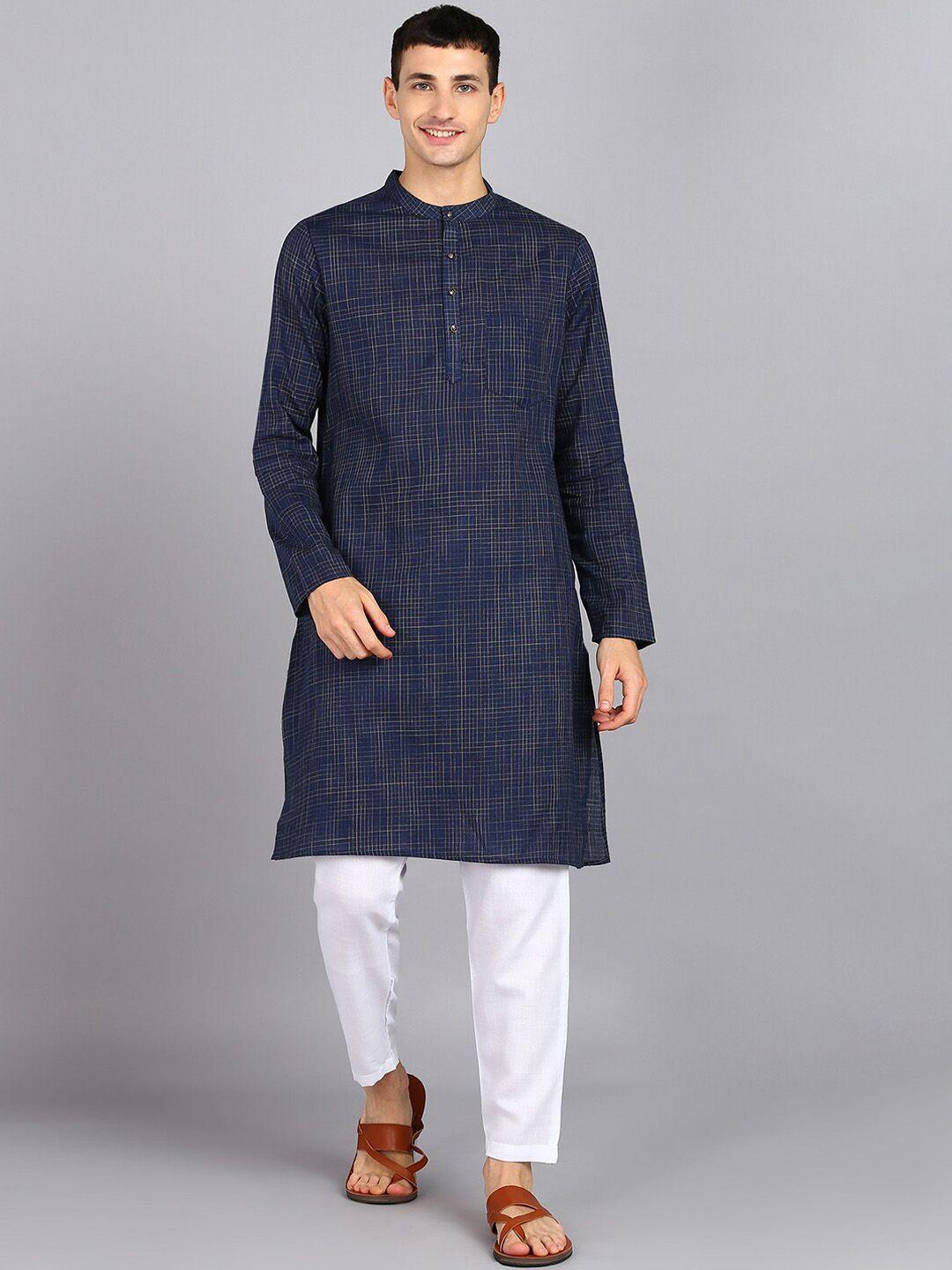 here&now blue checked mandarin collar straight kurta with trousers