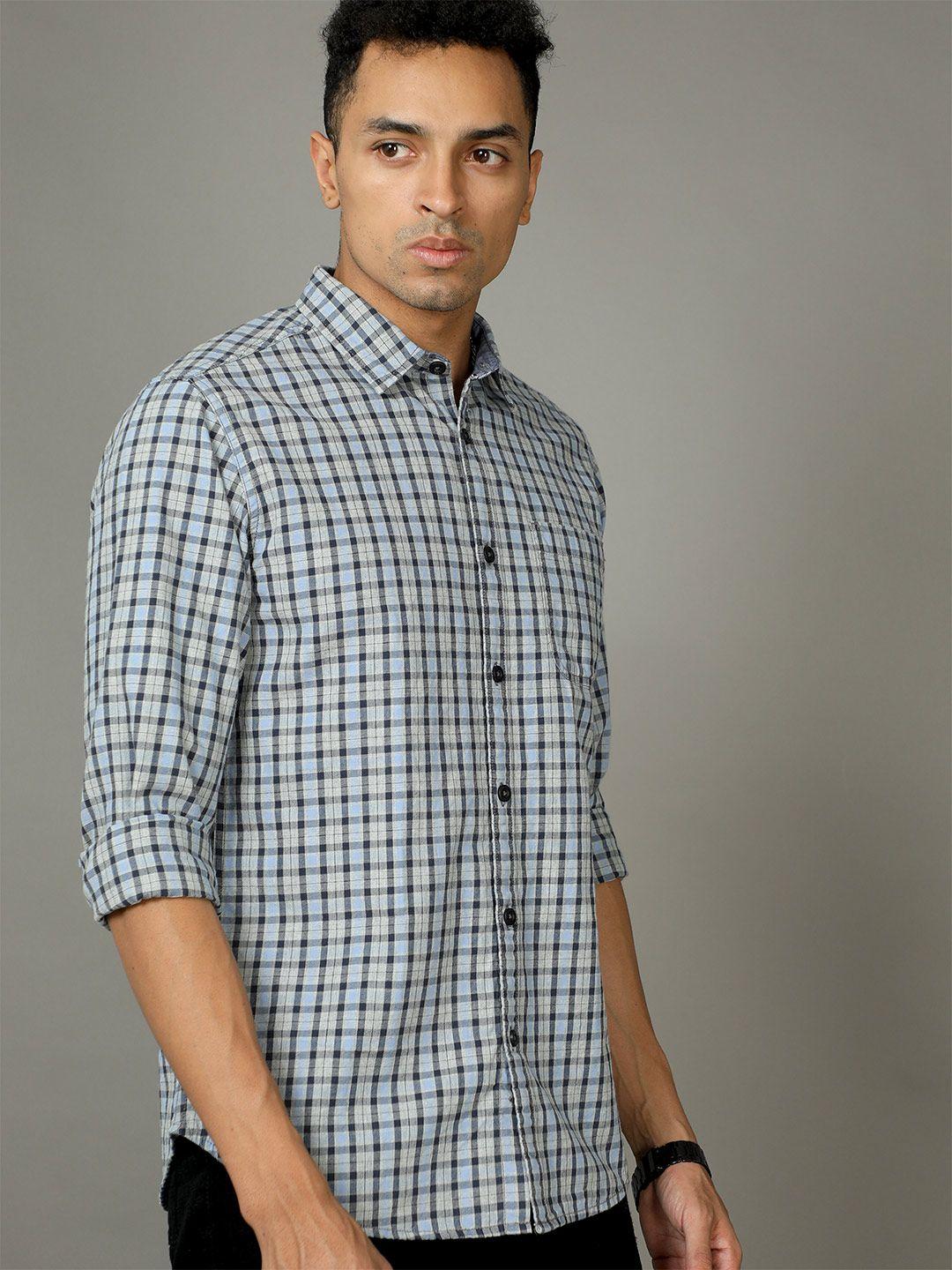 here&now blue checked slim fit casual cotton shirt