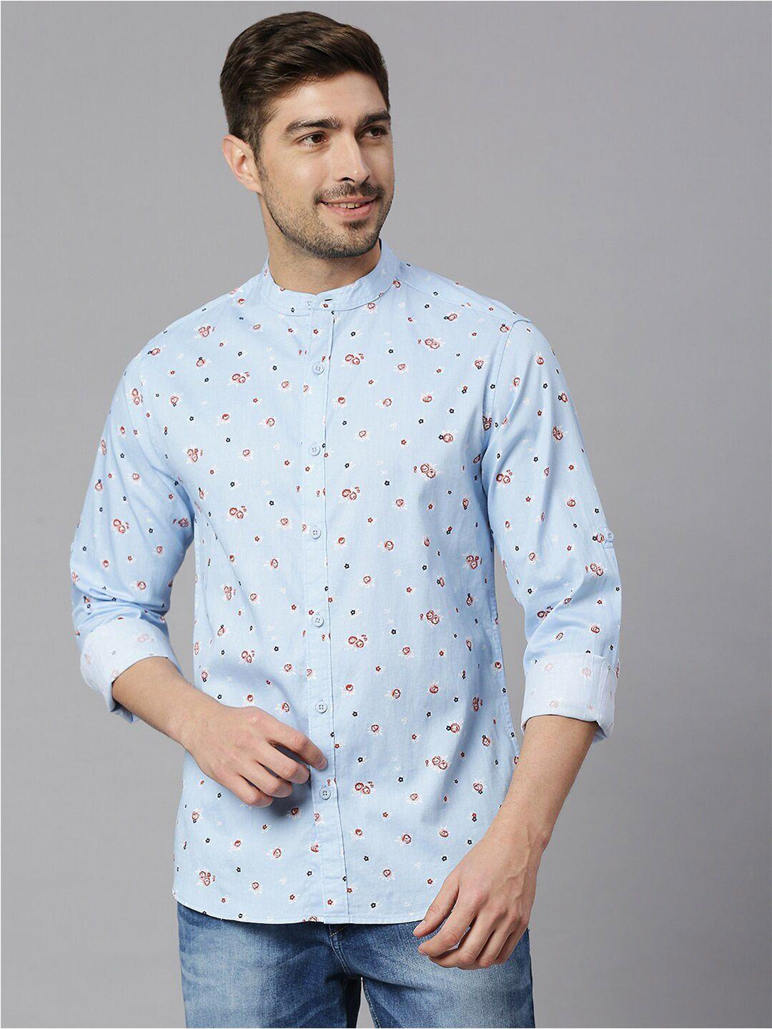 here&now blue classic slim fit floral printed mandarin collar pure cotton casual shirt