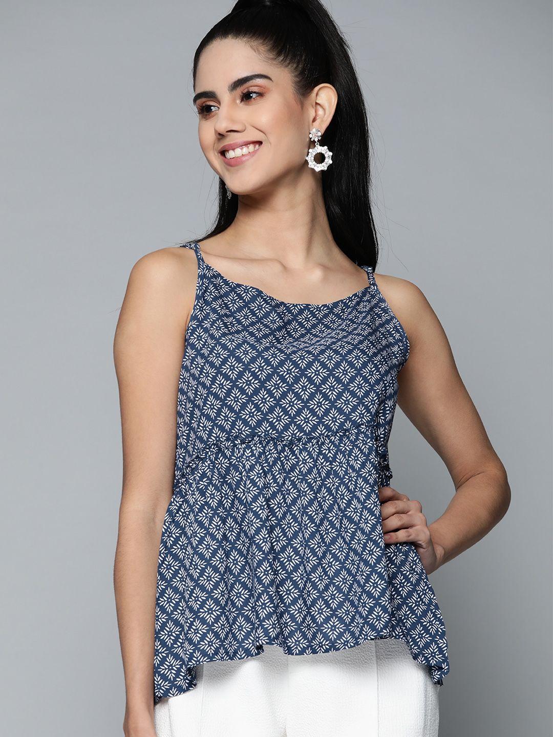 here&now blue ethnic motif printed top
