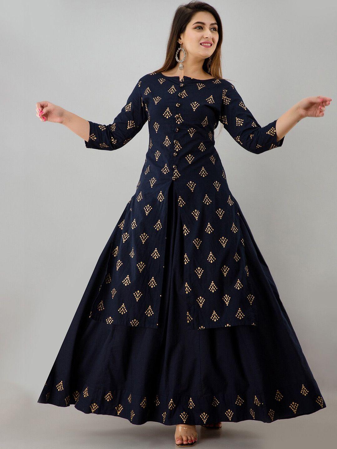 here&now blue ethnic motifs printed regular kurta with skirt