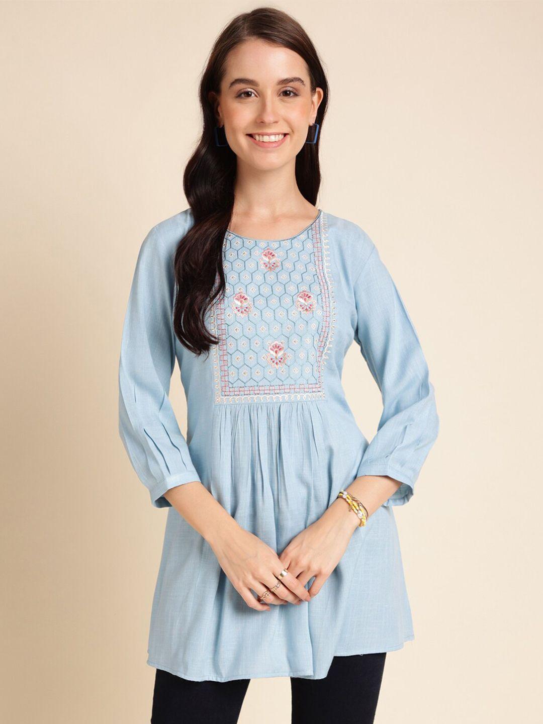 here&now blue floral embroidered a-line top