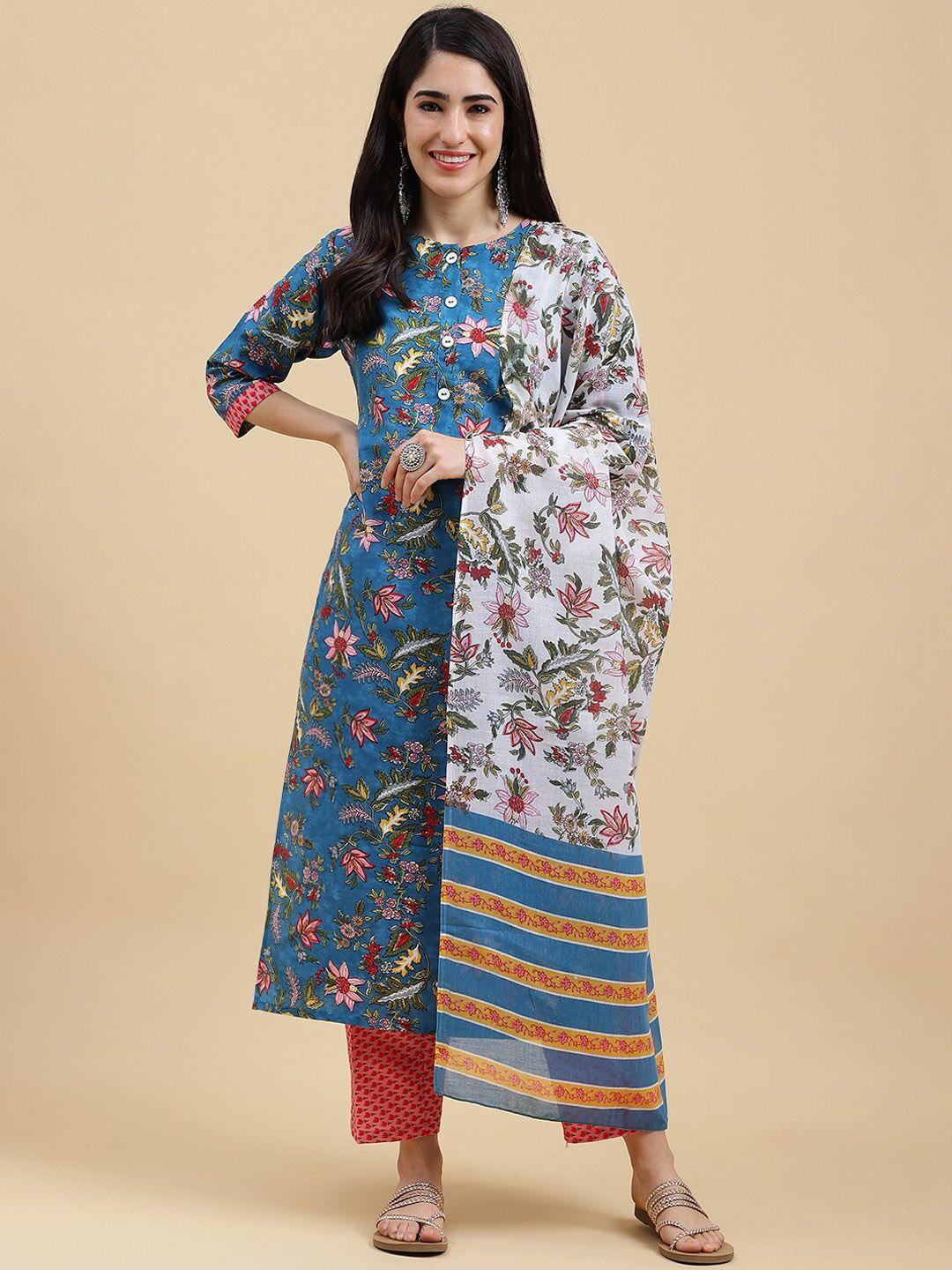 here&now blue floral printed straight kurta with trousers & dupatta
