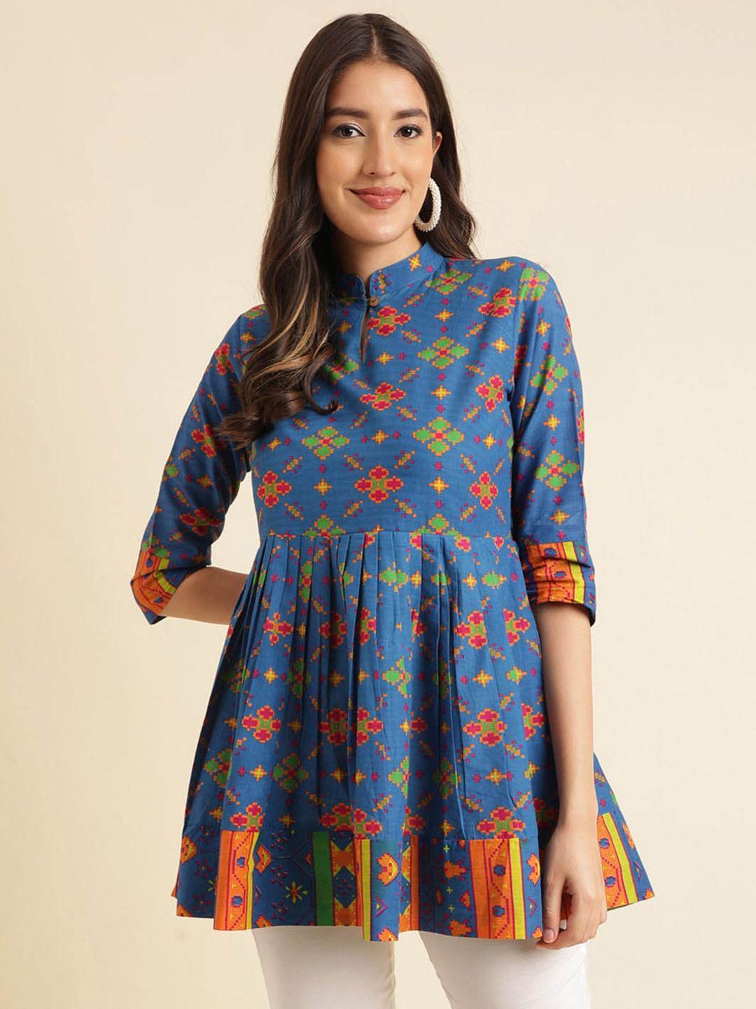 here&now blue geometric printed mandarin collar cotton a-line kurti