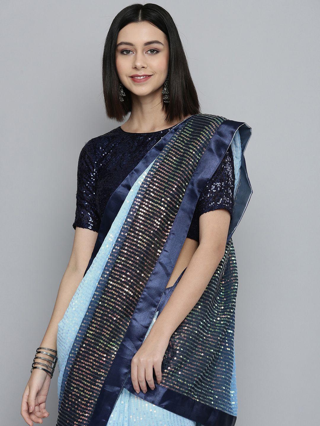 here&now blue ombre sequinned pure georgette ready to wear saree