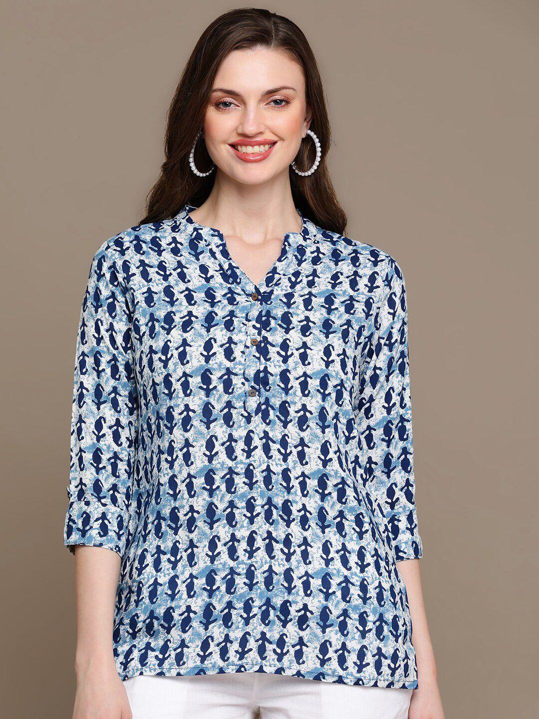 here&now blue paisley printed roll up sleeves kurti