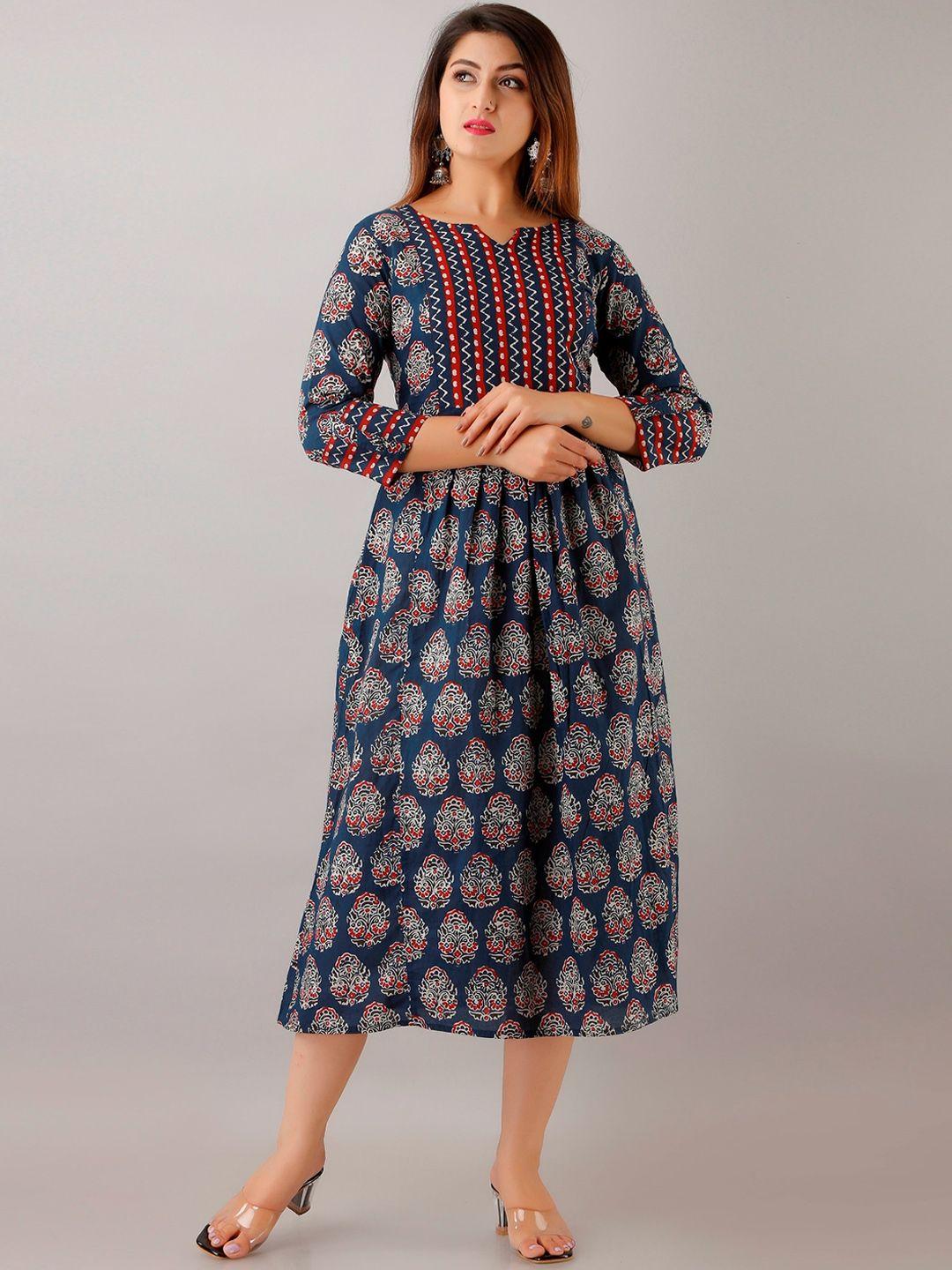 here&now blue printed a-line midi ethnic dresses