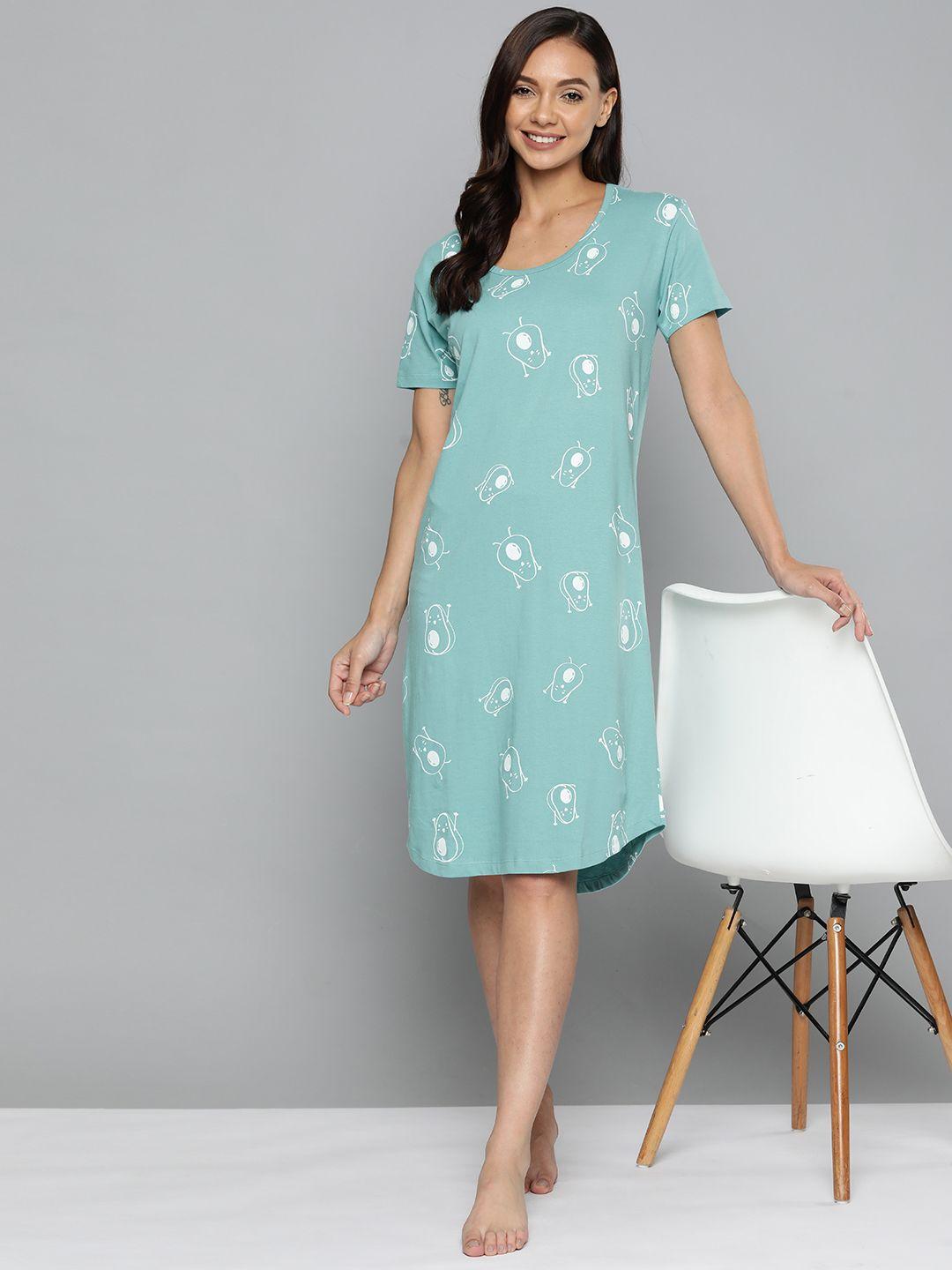 here&now blue printed pure cotton nightdress