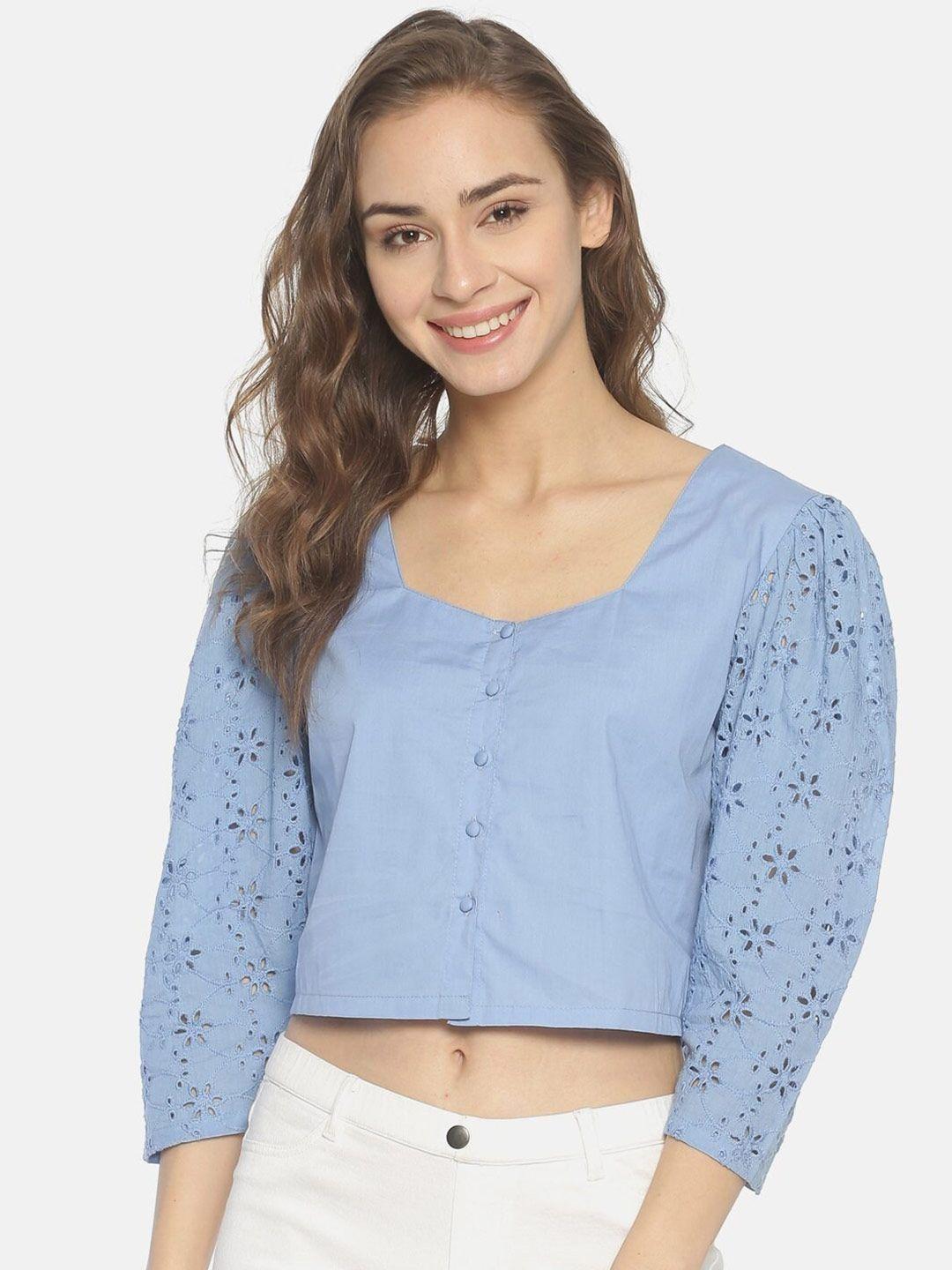 here&now blue pure cotton schiffli crop top