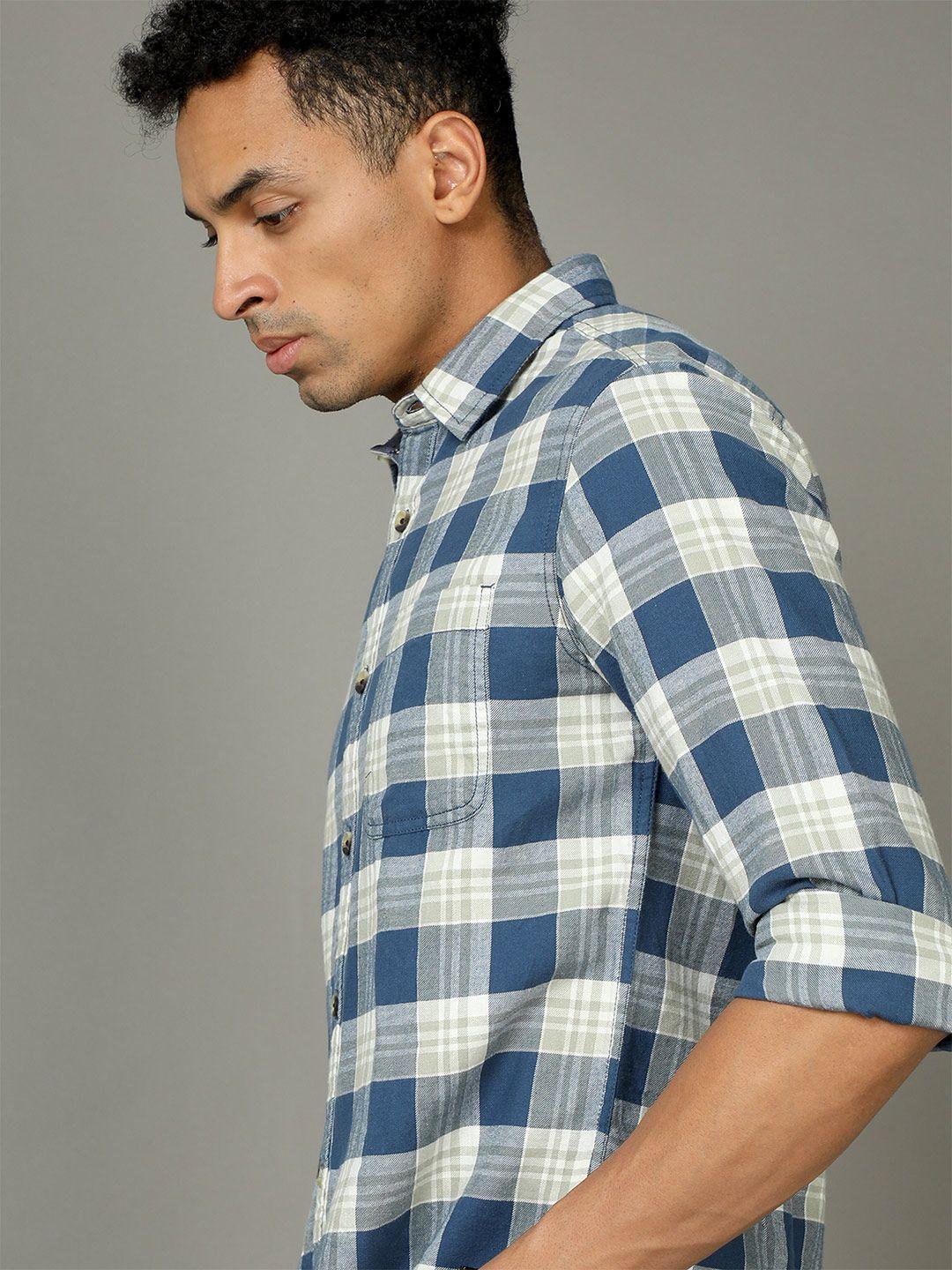 here&now blue slim fit checked cotton casual shirt