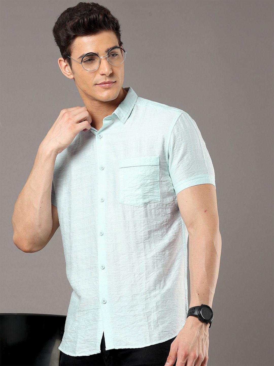 here&now blue slim fit striped casual shirt