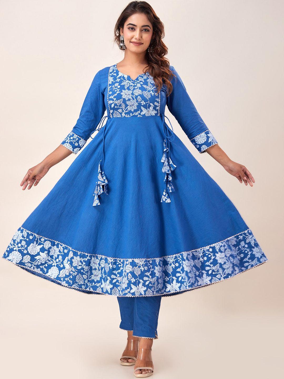 here&now blue yoke design empire gotta patti pure cotton kurta with trousers & dupatta