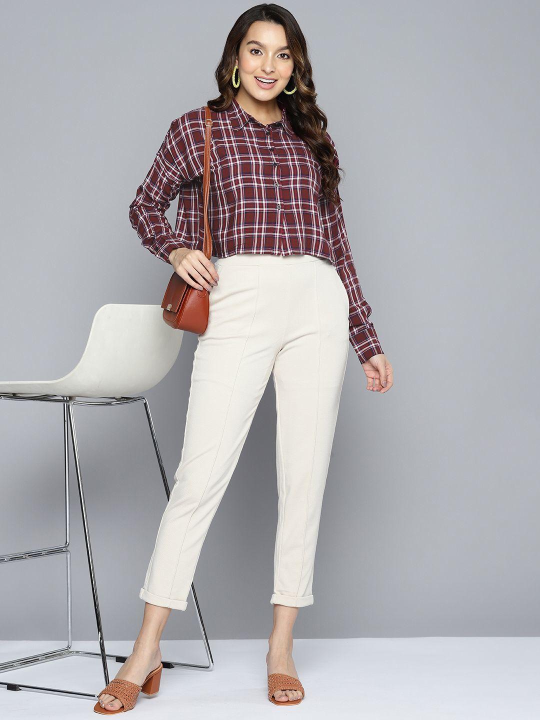 here&now boxy grid tattersall checks crop casual shirt